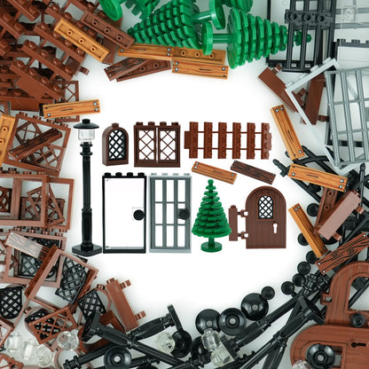 BroTex Doors Windows Accessories Bricks Pieces, City House Parts Garden Classic Road Lamp Light Ladder Gate Castle, Creative DIY Construction