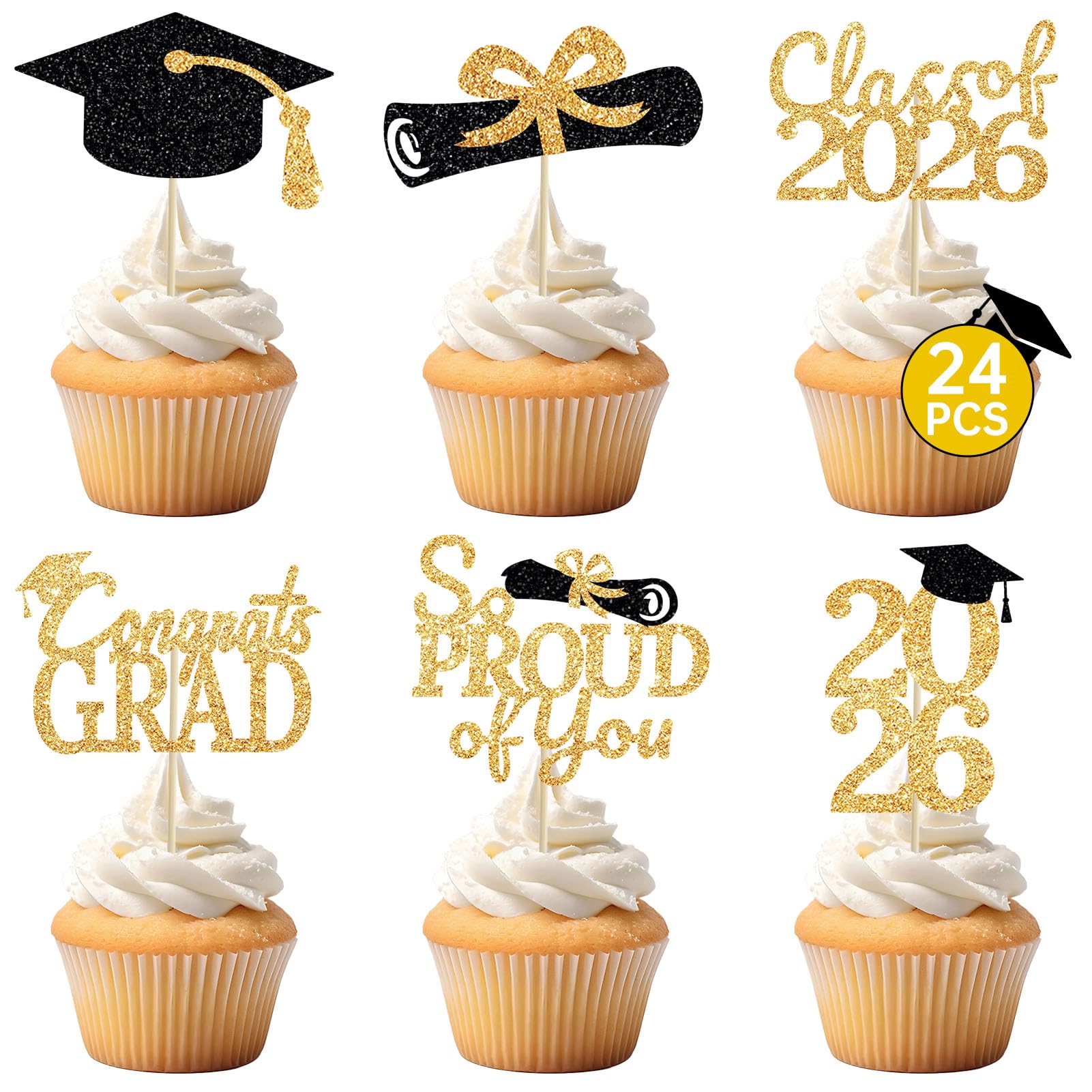 24 Pcs Graduation Cupcake Toppers 2026 - Congrats Grad Decorations Class of 2026, Pre-Assembled Black Gold Grad Cake Topper Centerpieces