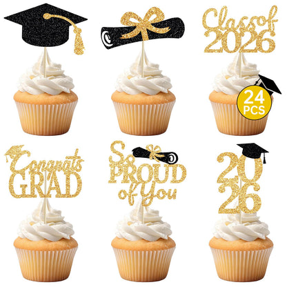 24 Pcs Graduation Cupcake Toppers 2026 - Congrats Grad Decorations Class of 2026, Pre-Assembled Black Gold Grad Cake Topper Centerpieces