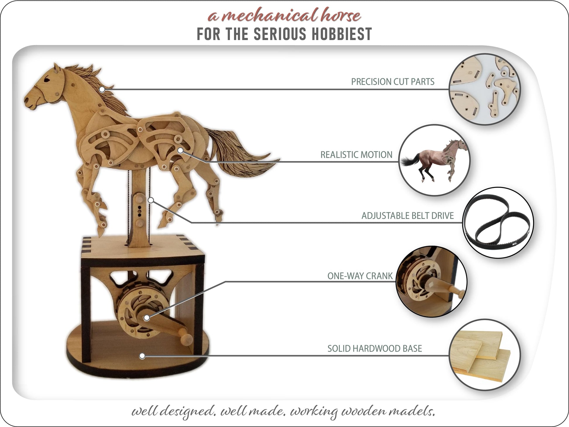 Abong 3D Wood Craft Mechanical Horse Automation Model | 221 Pieces of Precise Cuts of Plywood | Includes an Illustrated Instruction Book