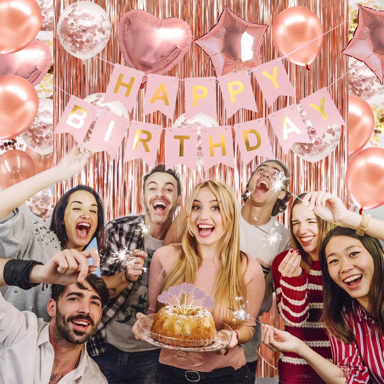Rose Gold Birthday Party Decorations, Happy Birthday Banner, Rose Gold Fringe Curtain, Heart Star Foil Confetti Balloons, Hanging Swirls for Women