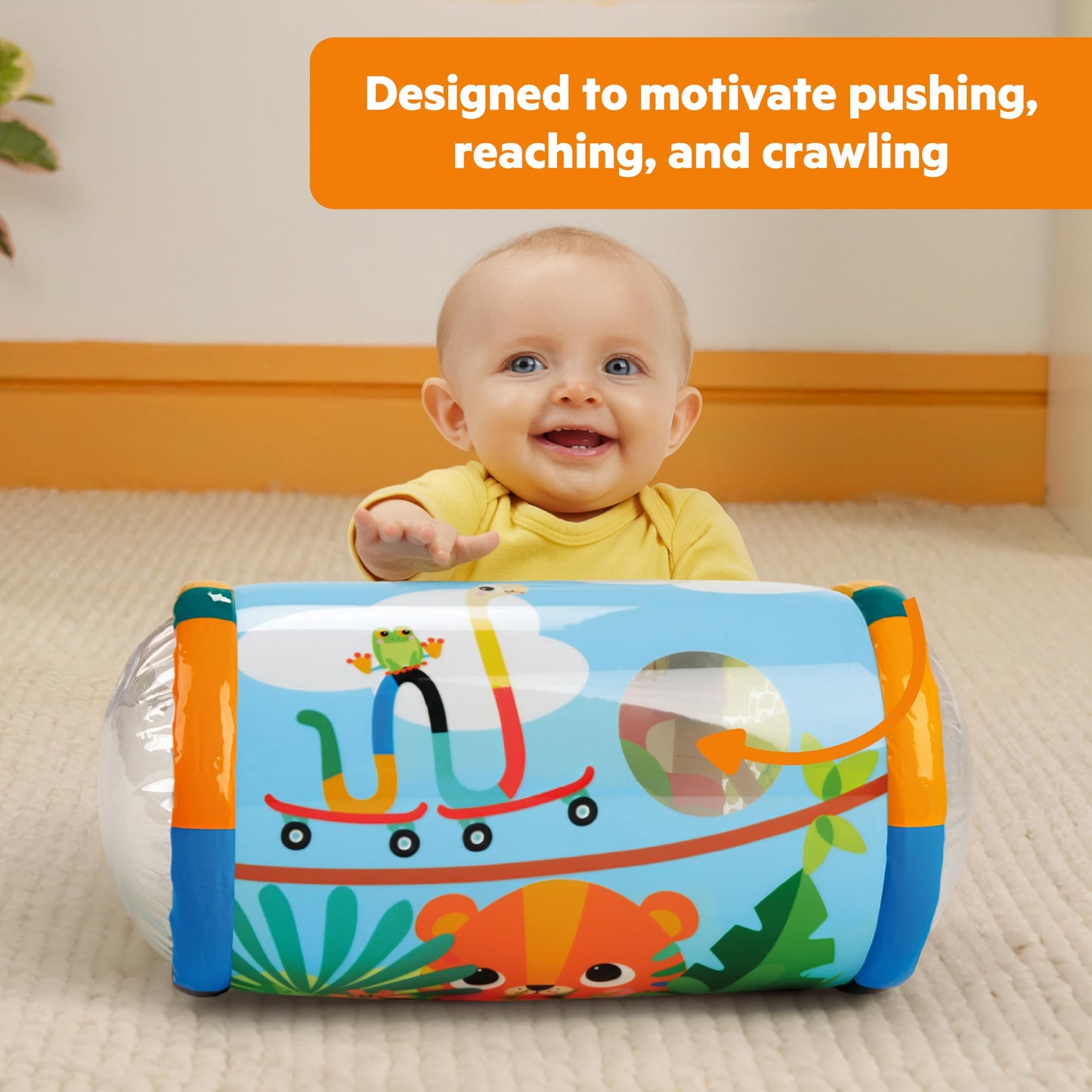 Bright Starts Roll-Along Rainforest Baby Toy, Push & Crawl Activity Toy with Rattle Balls, Portable Travel Roller Toy for Infants & Toddlers, Unisex