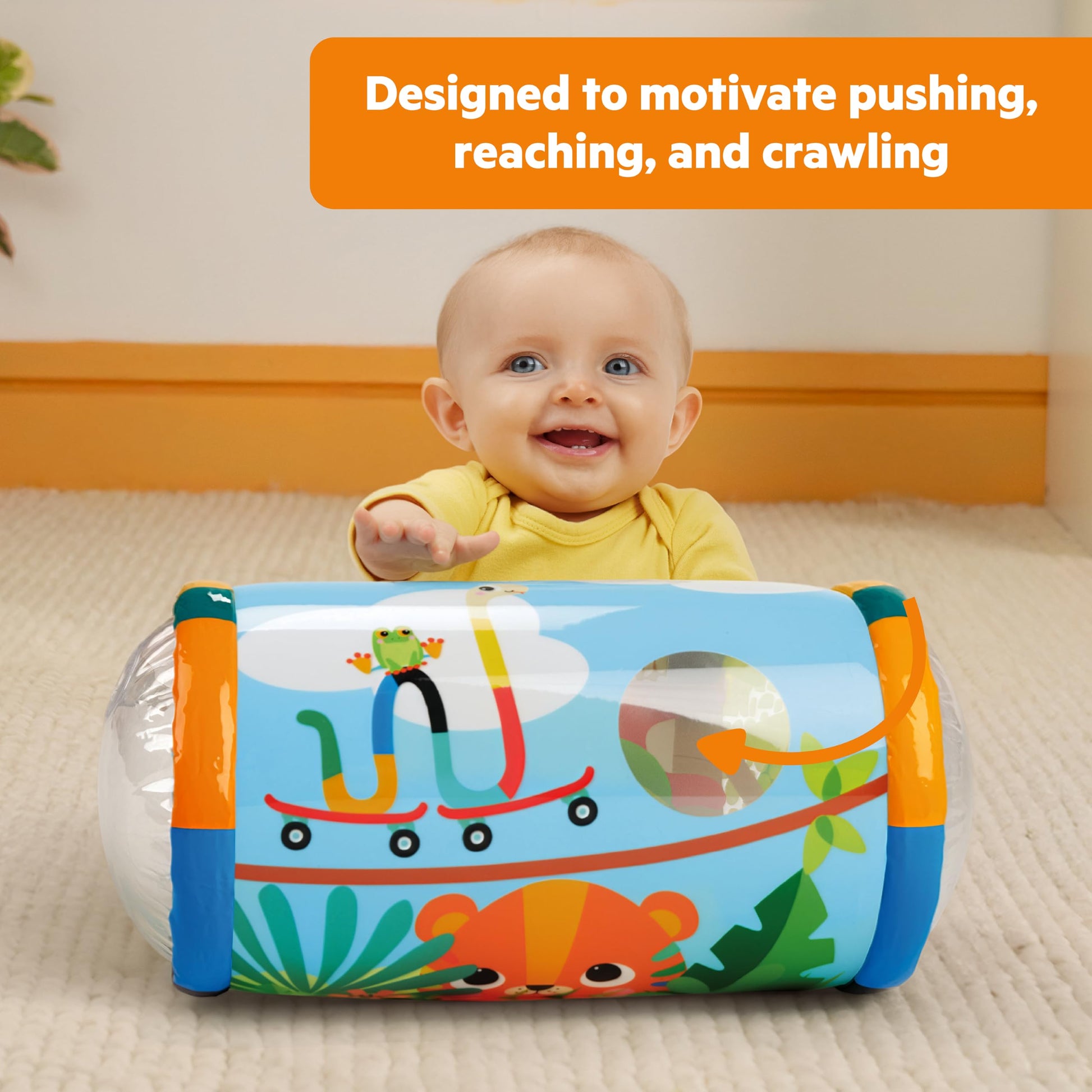 Bright Starts Roll-Along Rainforest Baby Toy, Push & Crawl Activity Toy with Rattle Balls, Portable Travel Roller Toy for Infants & Toddlers, Unisex