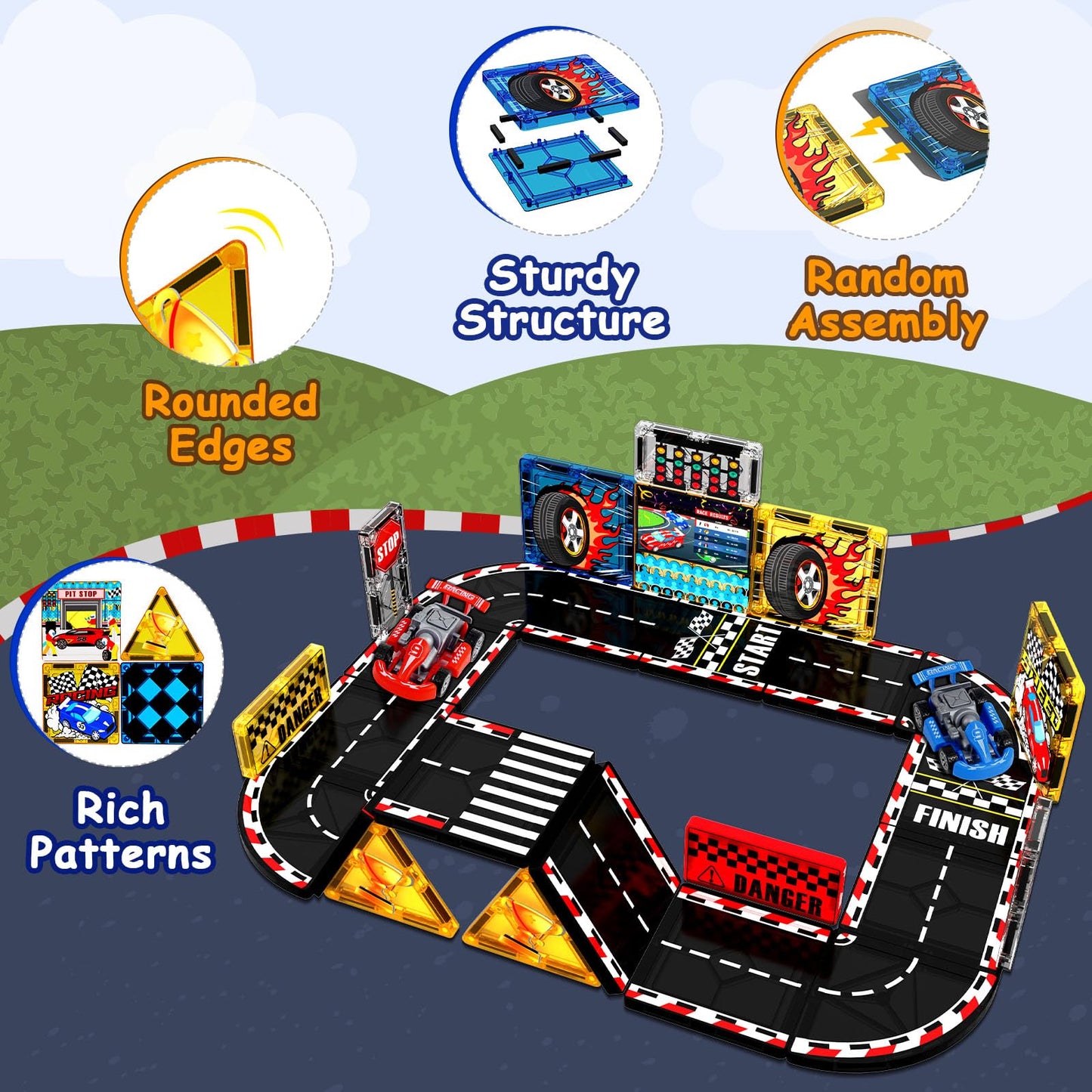 Magnetic Tiles Road Set | Magnet Tiles Race Track, Magnetic Car Racing Tile for Kids Ages 4-8 5-7, Magnetic Tile Rails Building Toys STEM Learning