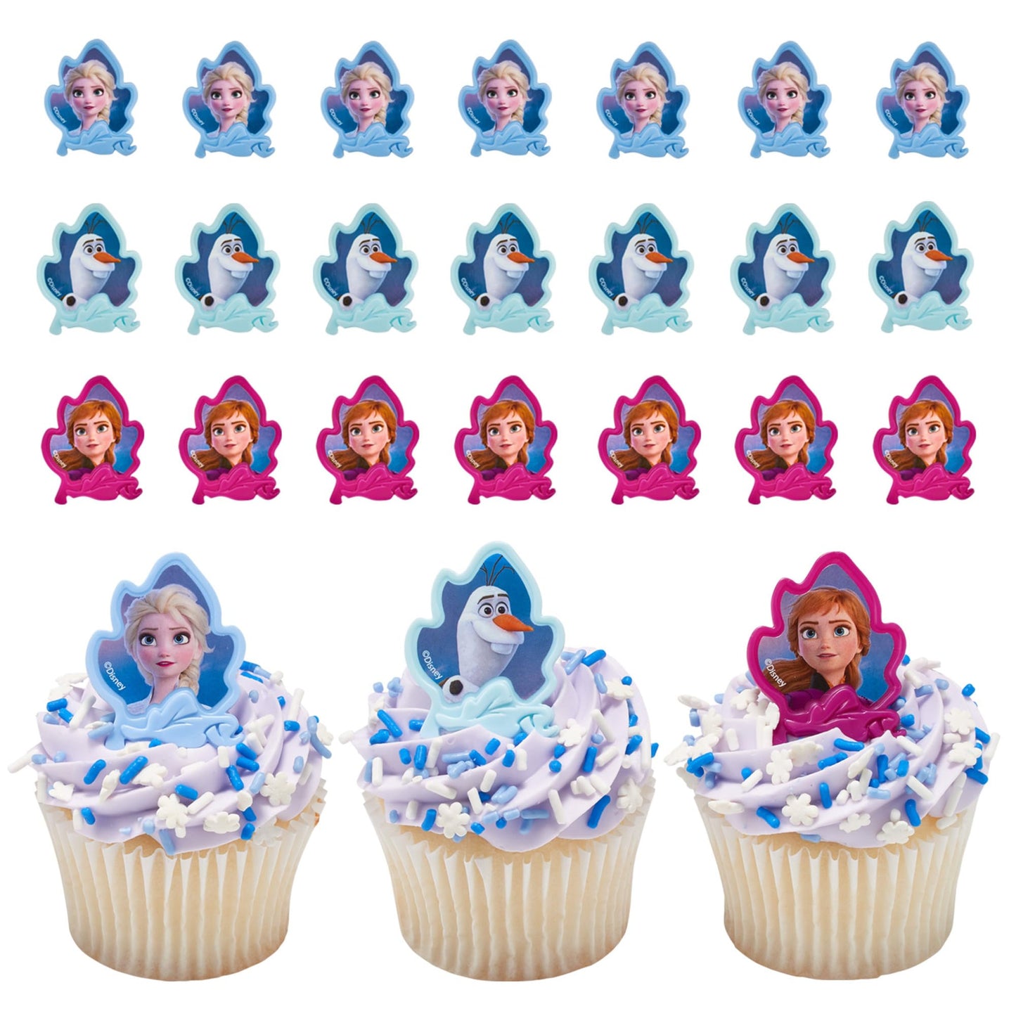 DecoPac Frozen II Rings, Cupcake Decorations Featuring Elsa, Anna, And Olaf For Birthday And Christmas Celebrations - 24 Pack
