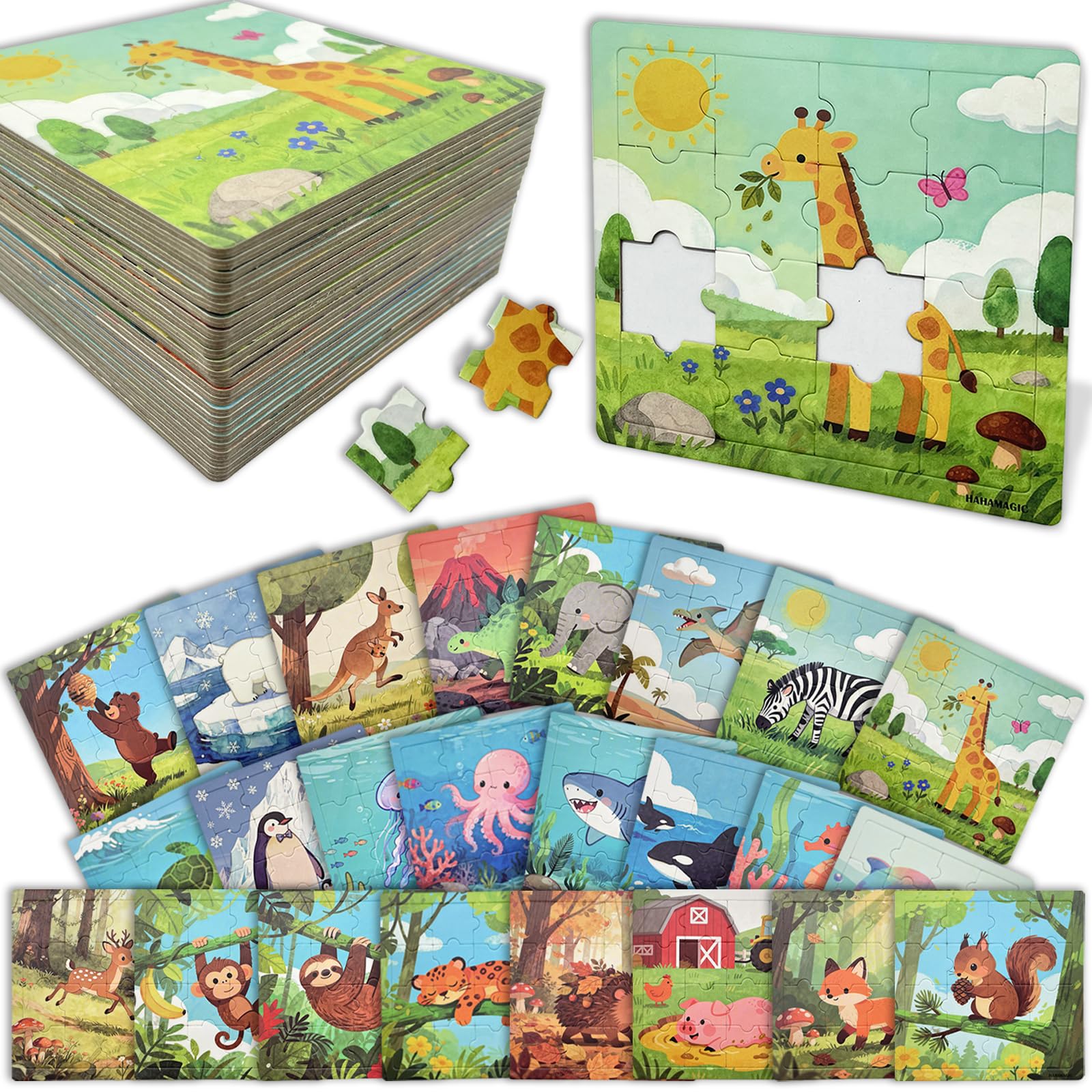 HahaMagic Puzzles for Kids Ages, 24 Pack 16 Pieces Jigsaw Puzzles