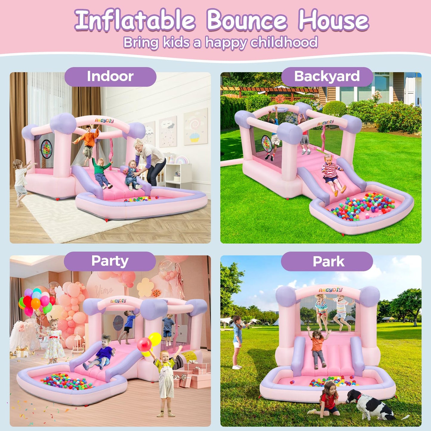 AKEYDIY Bounce House for Kids, Pastel Bouncer with Slide, Pink Inflatable Jumping Bouncy Castle for Birthday Party Gifts Outdoor & Indoor, UL Blower