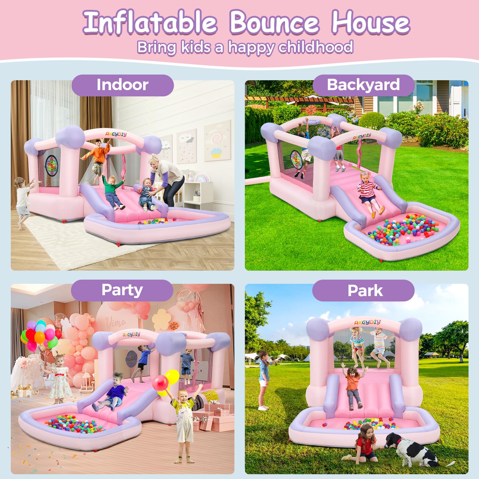 AKEYDIY Bounce House for Kids, Pastel Bouncer with Slide, Pink Inflatable Jumping Bouncy Castle for Birthday Party Gifts Outdoor & Indoor, UL Blower