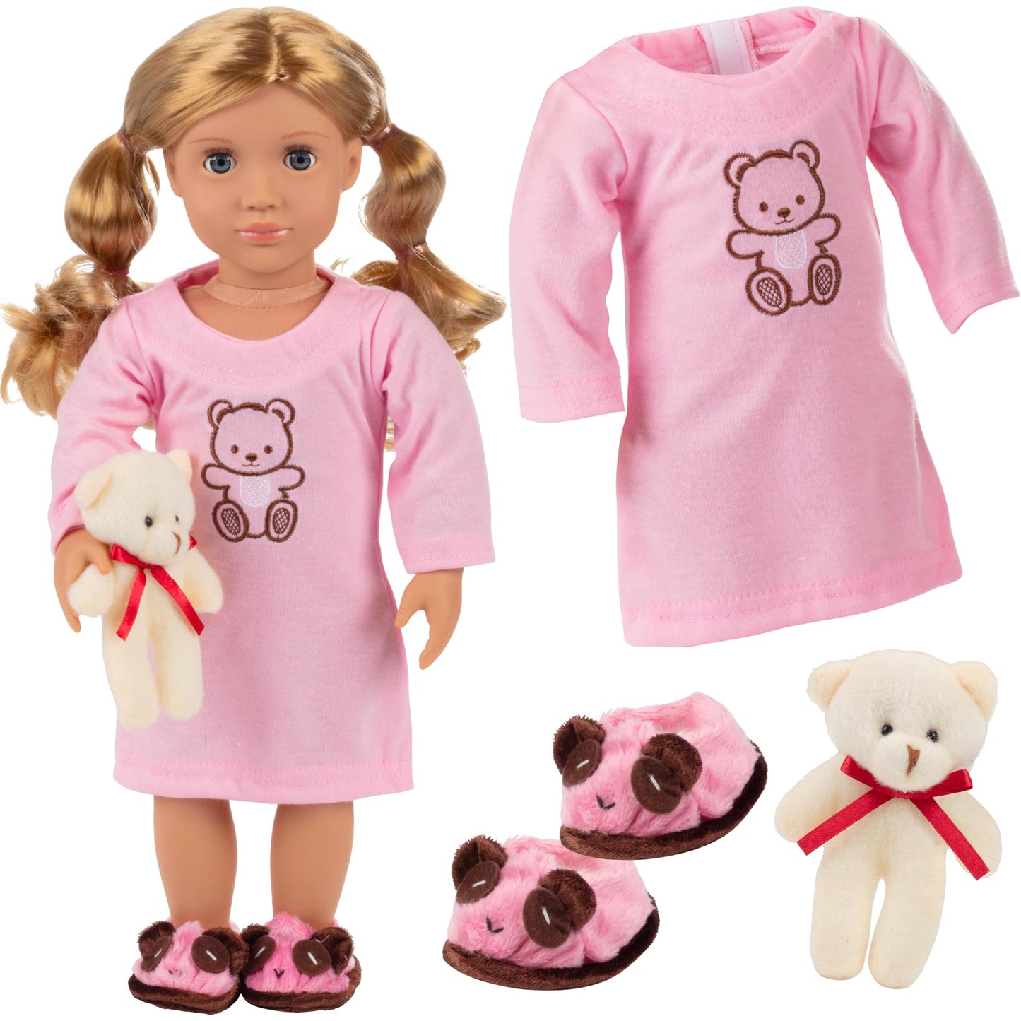 4pc Pink Nightgown Doll Outfit w Teddy Bear- 18" Doll Clothes & Accessories Compatible w American Girl Dolls- PJ Set Includes Nightgown, Slippers &