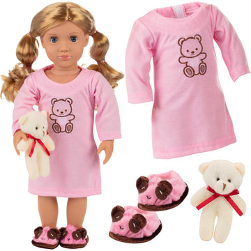 4pc Pink Nightgown Doll Outfit w Teddy Bear- 18" Doll Clothes & Accessories Compatible w American Girl Dolls- PJ Set Includes Nightgown, Slippers &