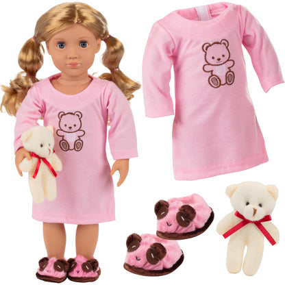 4pc Pink Nightgown Doll Outfit w Teddy Bear- 18" Doll Clothes & Accessories Compatible w American Girl Dolls- PJ Set Includes Nightgown, Slippers &