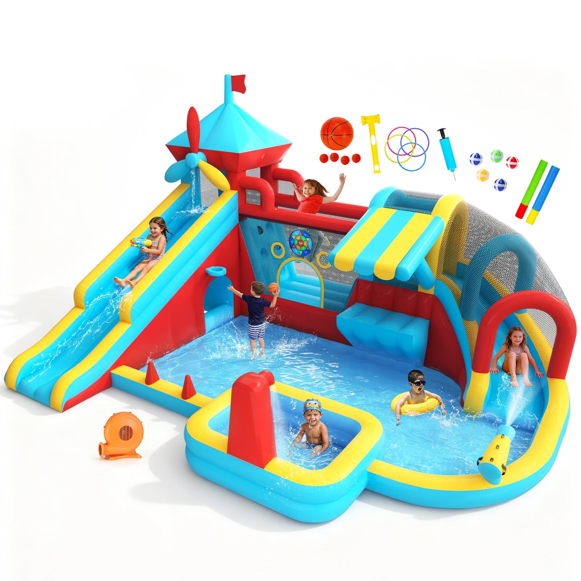 Inflatable Bounce House with 750W Blower, 10 in 1 Double Water Slide Bouncy Castle for Kids 3-10, Splash Pool, Water Gun, Climbing Wall, Toy Stand