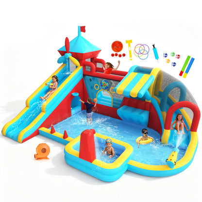 Inflatable Bounce House with 750W Blower, 10 in 1 Double Water Slide Bouncy Castle for Kids 3-10, Splash Pool, Water Gun, Climbing Wall, Toy Stand