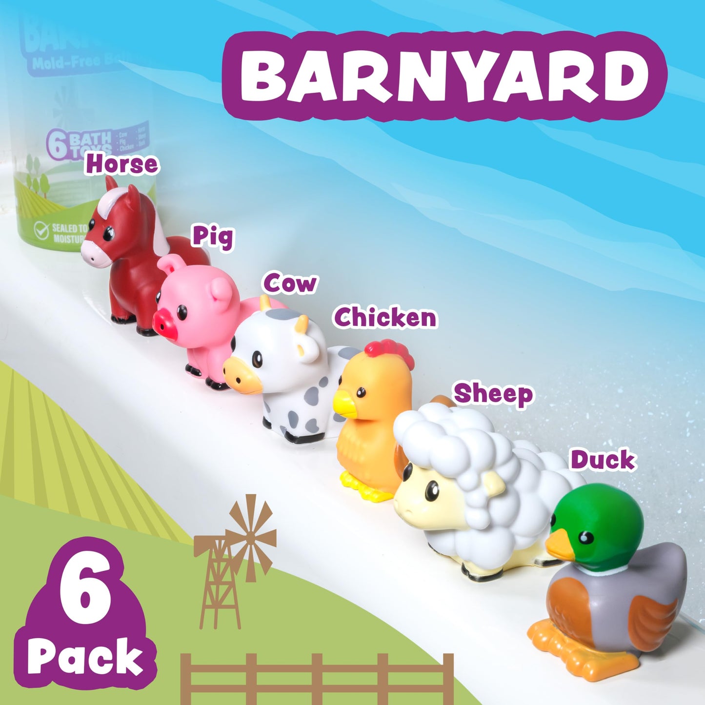 Tub Works® Barnyard™ Mold Free Bath Toys, 6 Pack | Sealed, No Hole Bath Toys Design Keeps Moisture Out | Soft, Squeezable & Float on Water | Farm
