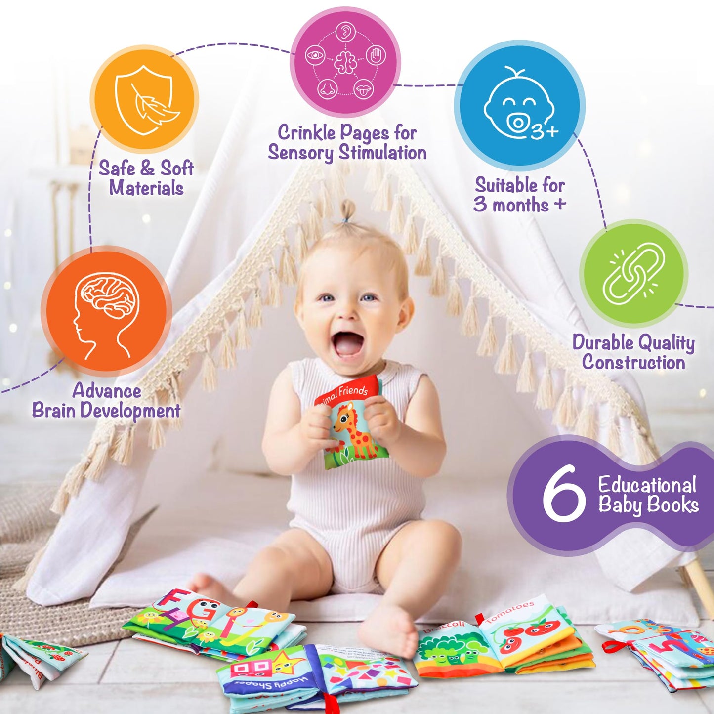 BabyBibi Soft Cloth Books for Babies (Set of 6): Crinkle Touch & Feel Sensory Books for Newborns 0-12 Months, Non-Toxic Washable Baby Books, Tummy