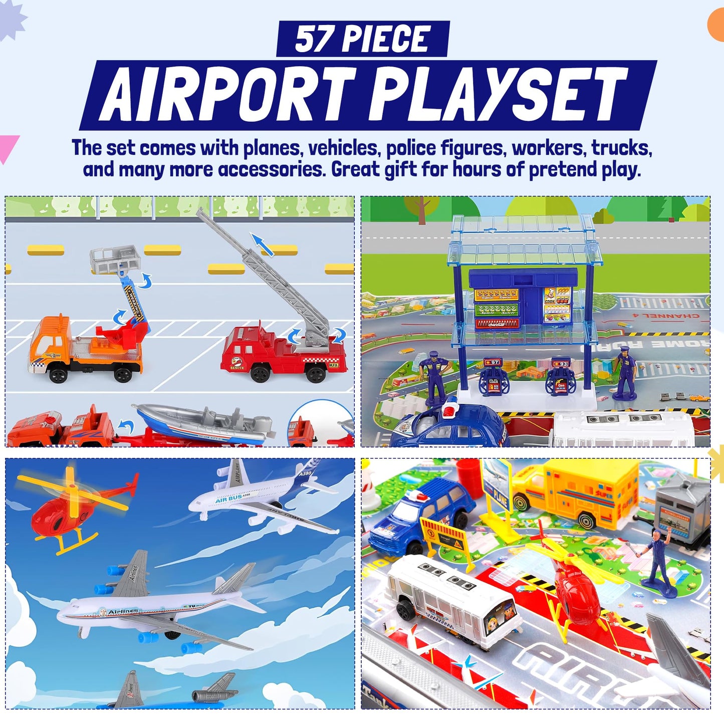 57 PCS Commercial Airport Playset with Airplane Toys, Play Vehicles, Fire Trucks, Police Cars & Figures, and Accessories in Storage Bucket for Kids