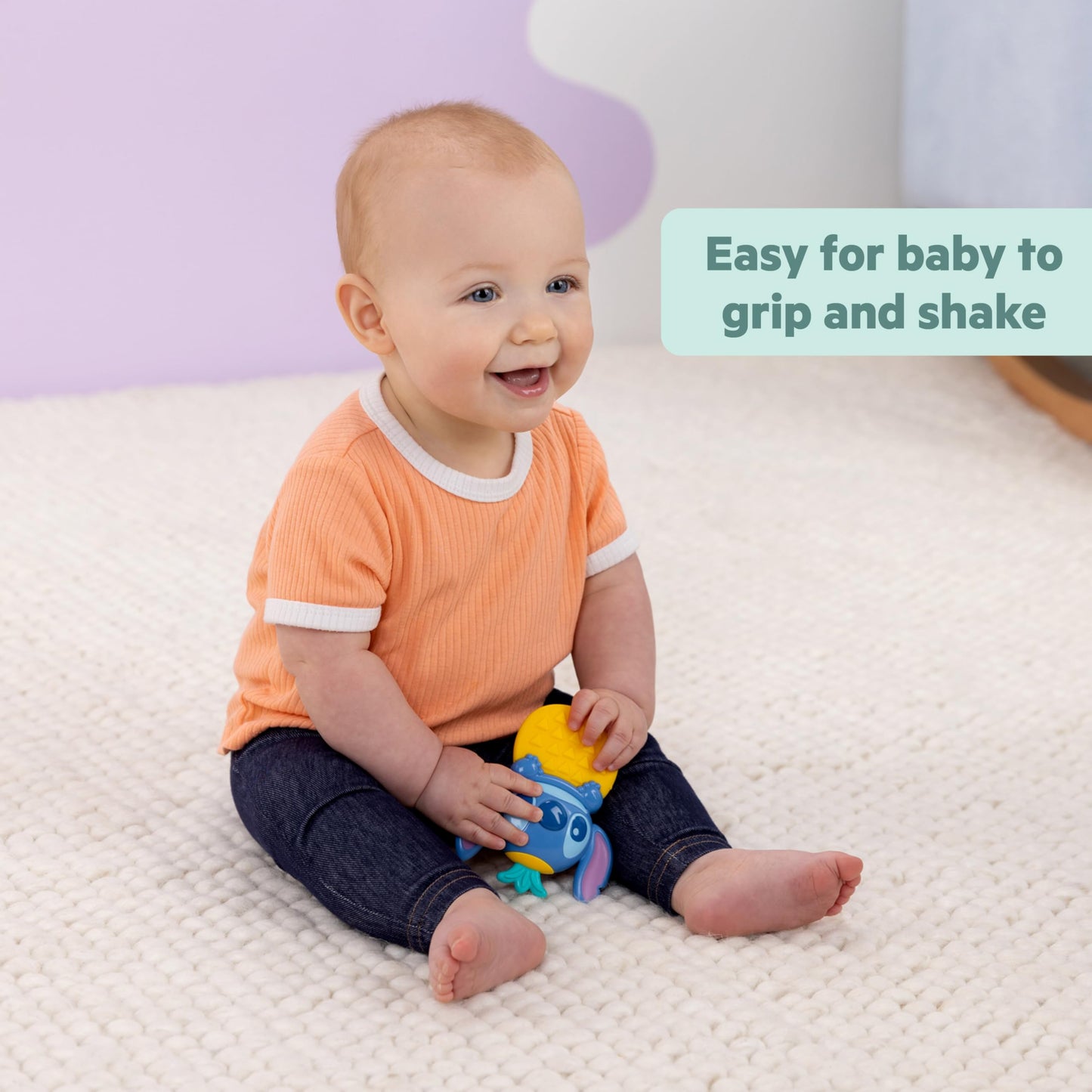 Disney Baby Stitch Tropical Teethe Rattle & Teether by Bright Starts, Pineapple Shaped Activity Teether Toy for Newborns and Up