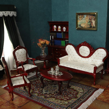 iLAND Dollhouse Furniture Victorian Dollhouse Couch Set 8pcs, Royal Handmade Armchairs w/Painting Vase Rug, Vintage Miniature Decor, 1/12 Scale Mini