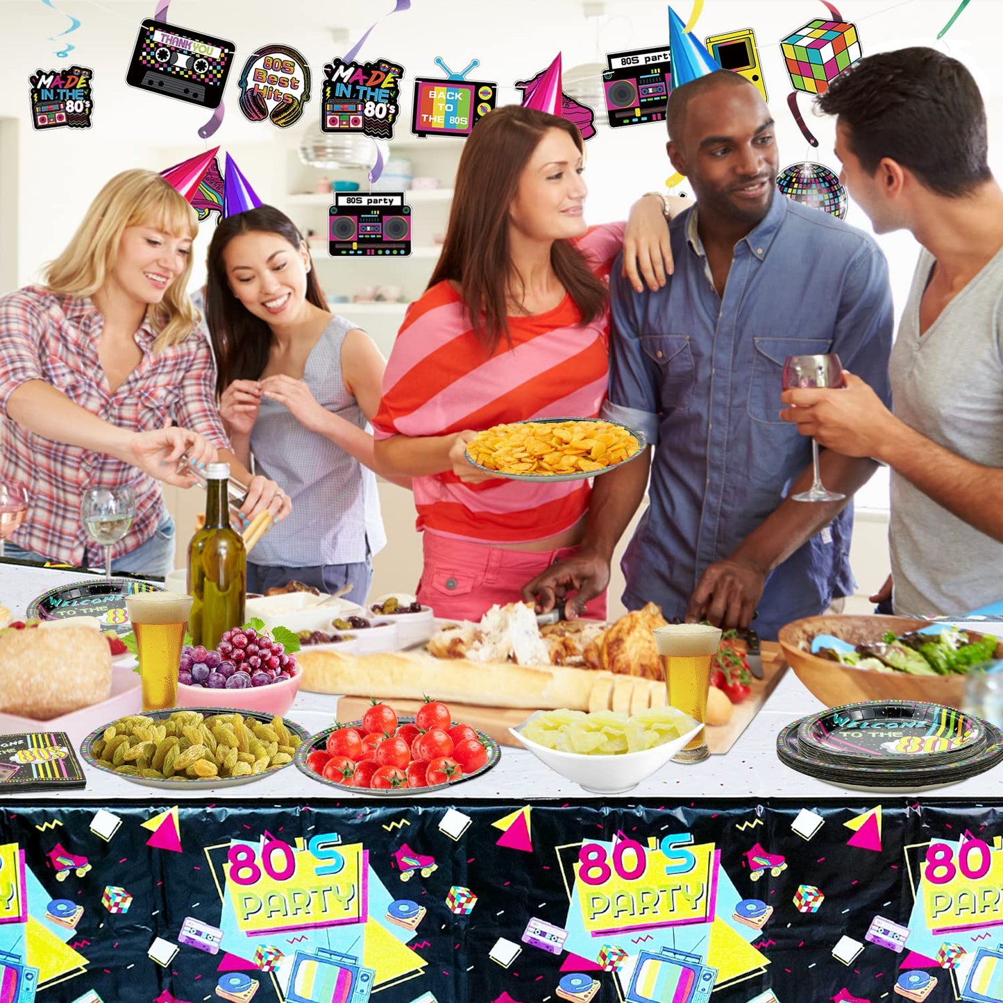 Hegbolke 80s Party Supplies - 122 Pcs Plates, Napkins, Tablecloth Set for Back to the 80s Party Decorations - Serves 40