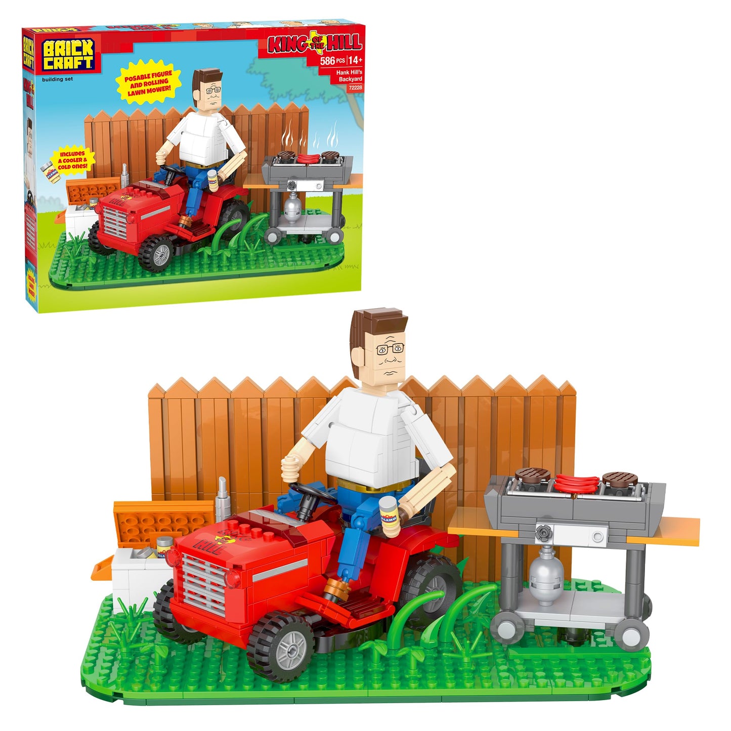Brickcraft King of the Hill Hank Hill’s Backyard Building Kit (586-Piece Set), Hank Hill Figure, Lawn Mower, Grill & Cooler, Animated TV Show
