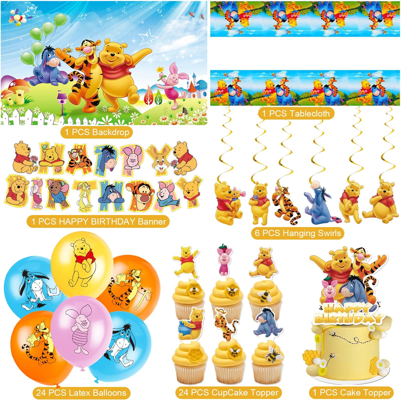 Winnie The Pooh Birthday Decorations, Party Supplies Set Include Banner, Backdrop, Balloons, Hanging Swirls, Cake Cupcake Toppers, Tablecloth for Boys
