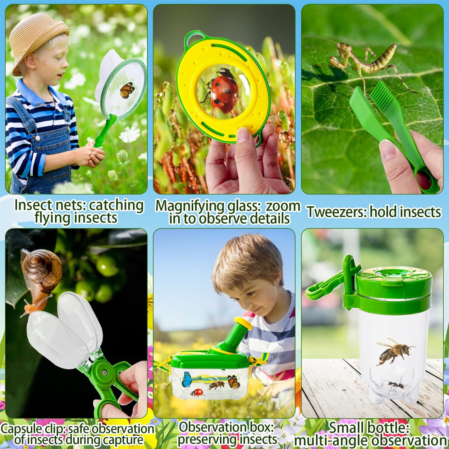 Bug Catcher Kit for Kids,8 Pcs Kids Bug Habitat with Bug Collector Butterfly Net Magnifying Glass Binoculars Tweezer Hats,Outdoor Explorer Kit