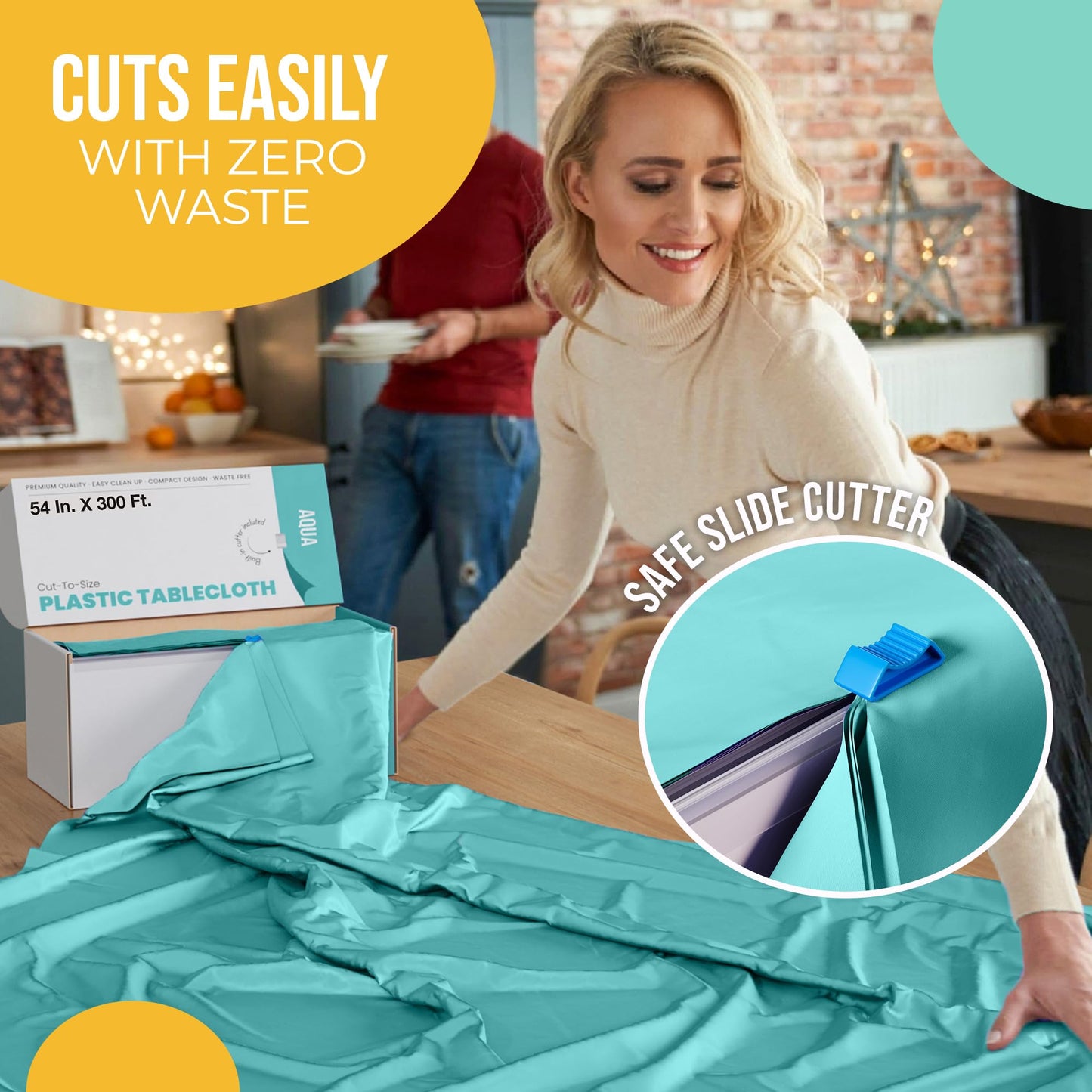 Exquisite Party Solids 54 Inch X 300 Feet Aqua Plastic Table Cover Roll in A Cut - to - Size Box with Convenient Slide Cutter. Cuts Up to 36 Rectangle