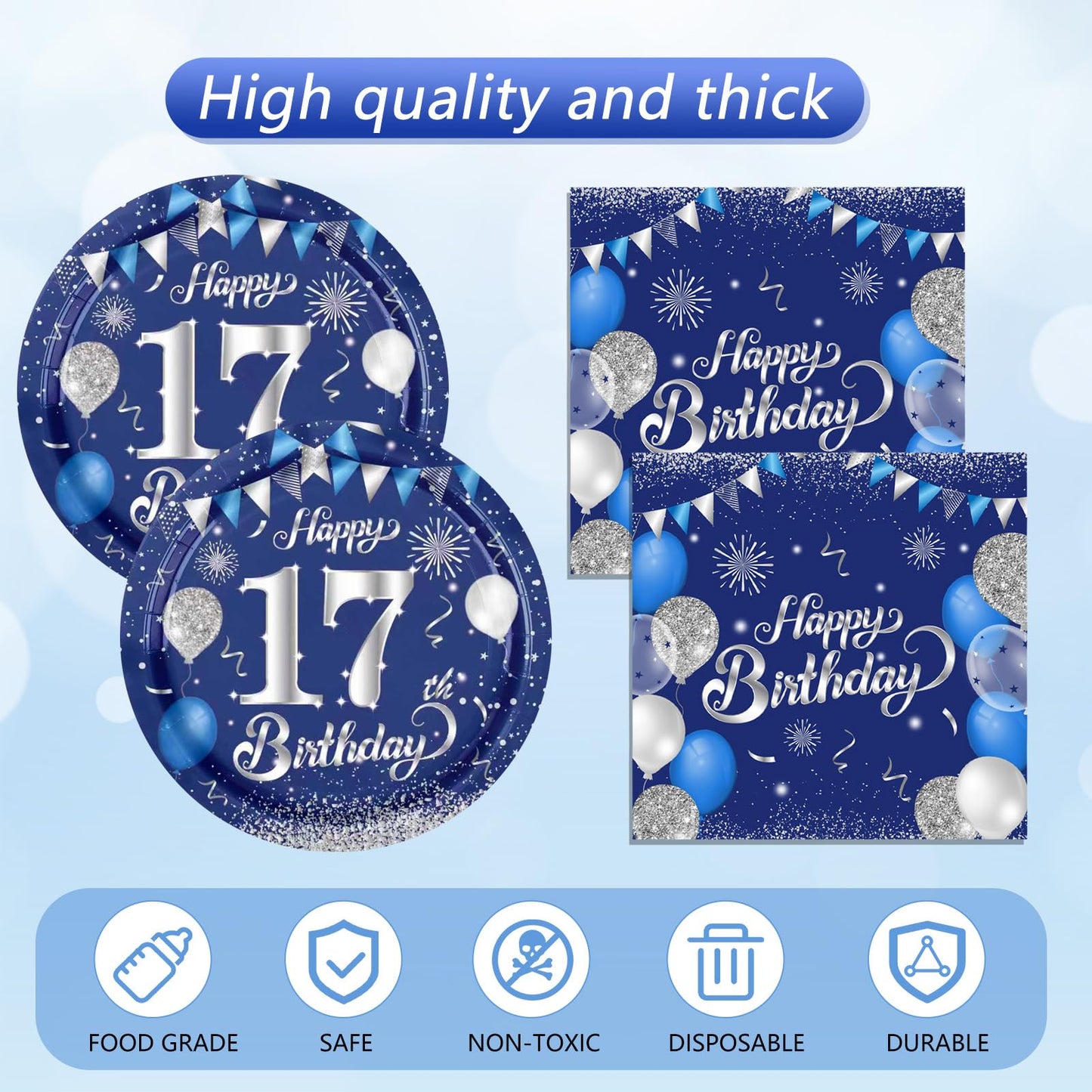 41 PCS 17th Birthday Decorations for Boys Girls Disposable Blue Sliver 17 Year Old Tableware Happy 17th Birthday Dessert Plates Napkins Tablecloth Set