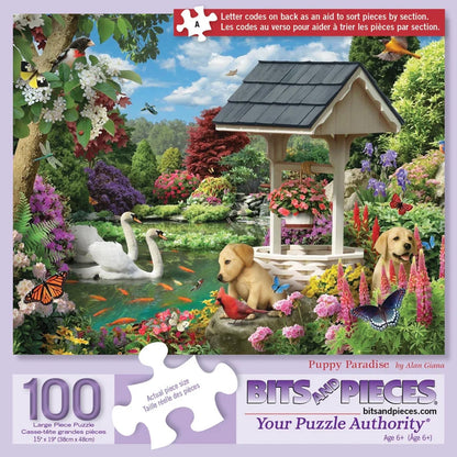 Bits and Pieces 100 Piece Puzzles for Adults - Puppy Paradise - 100 Extra Large Pieces 15" x 19" Jigsaw Puzzles, Dogs Swans Flowers Spring, No 2