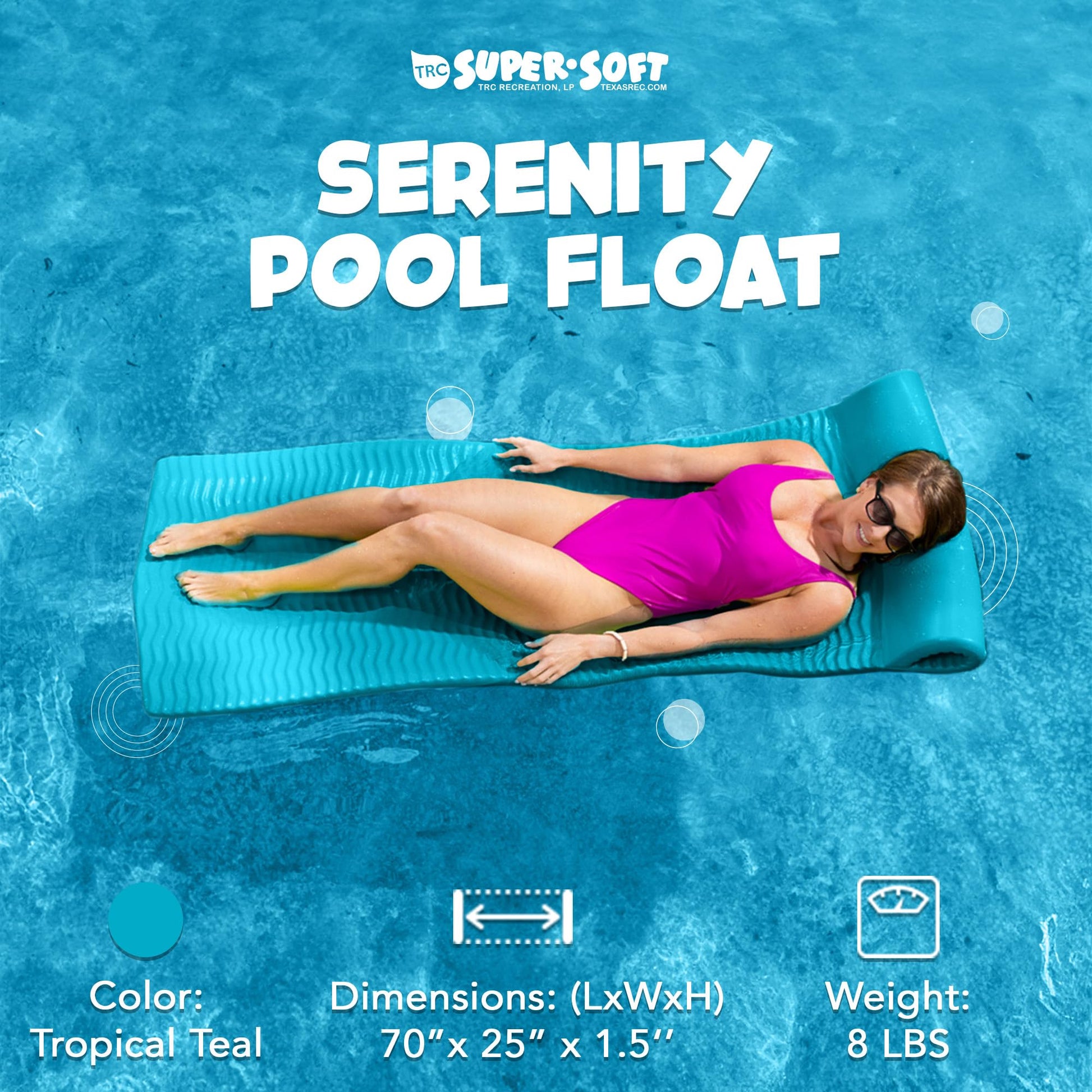 TRC Recreation Serenity 1.5” Thick Vinyl Coated Foam Swimming Pool Float Mat Adult Lounger with Built-In Roll Pillow, Tropical Teal