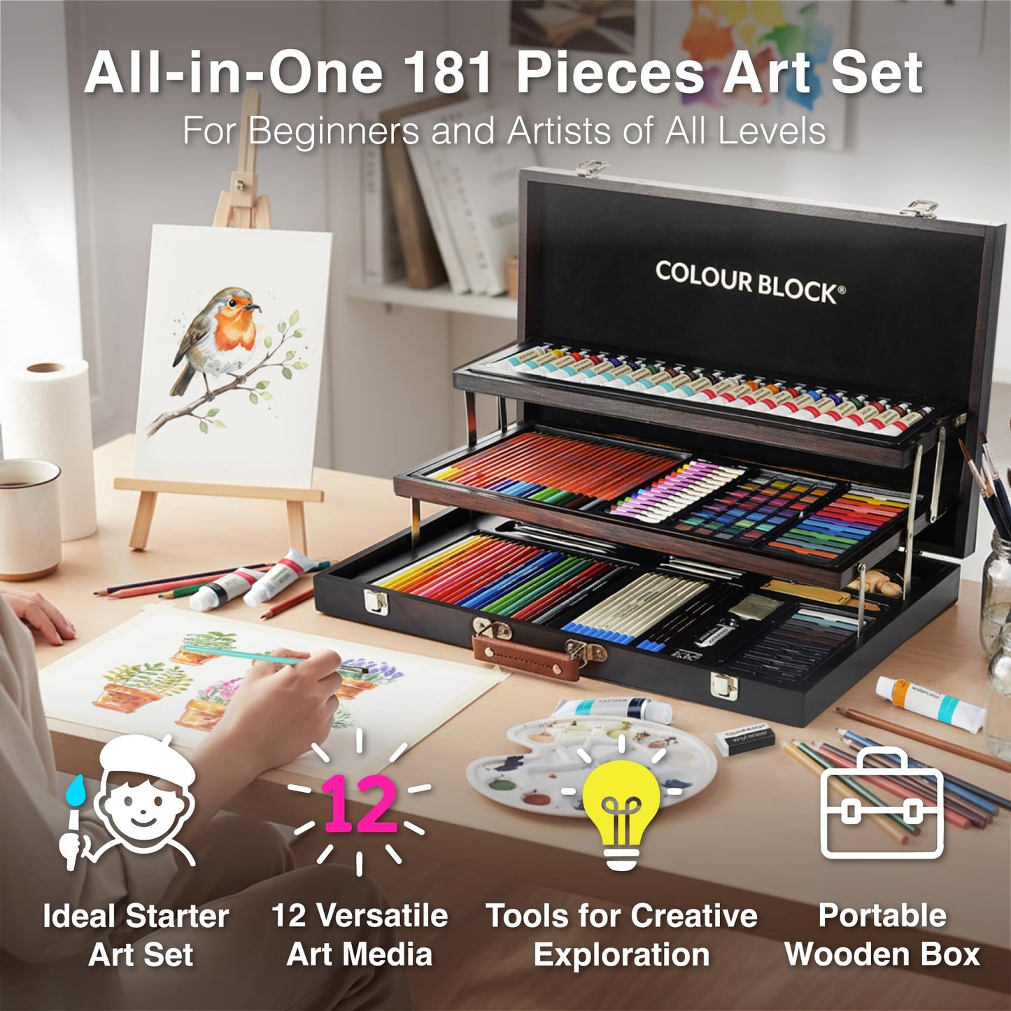 COLOUR BLOCK 181-Piece Mixed Media Art Set in Wooden Case, Deluxe Drawing Set and Professional Art Supplies for Adults, Art Kit for Drawing