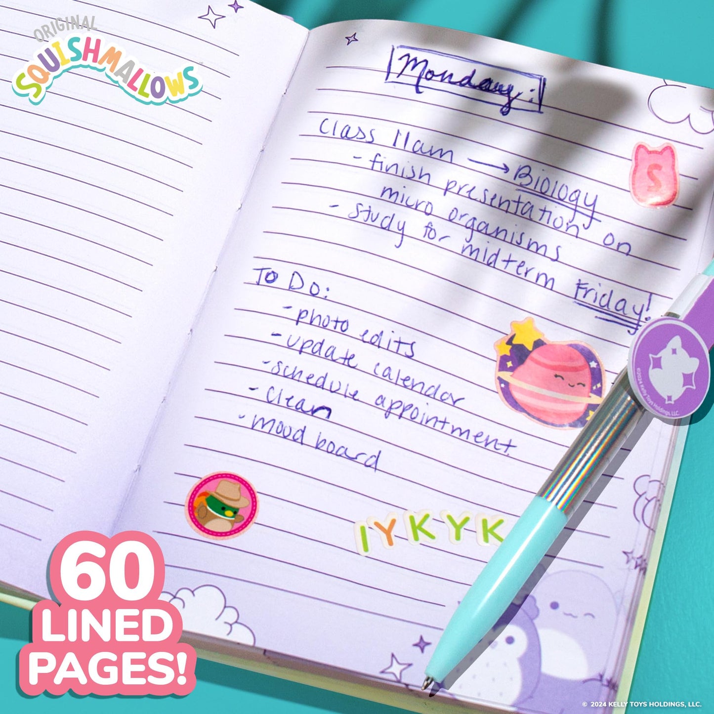 Squishmallows Original Squishy Diary Set, Includes 5 x 7 Diary, 60 Sheets, Kawaii Stickers, Pen, Fun Journaling Kit & Sketchbook for Kids, School