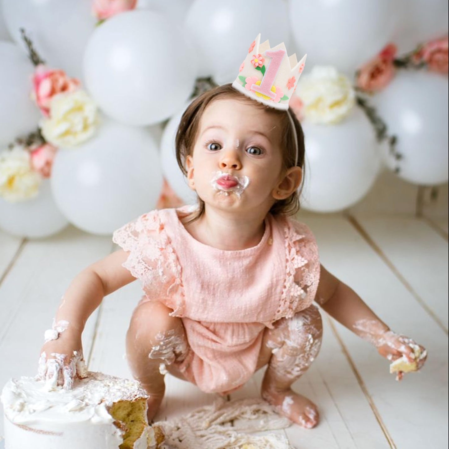 PATRDIO Wild Flower 1st Birthday Crown- Wild Flower 1st Birthday Decorations, Flower Theme Birthday Hat, Spring 1st Birthday Party Decoration, Little