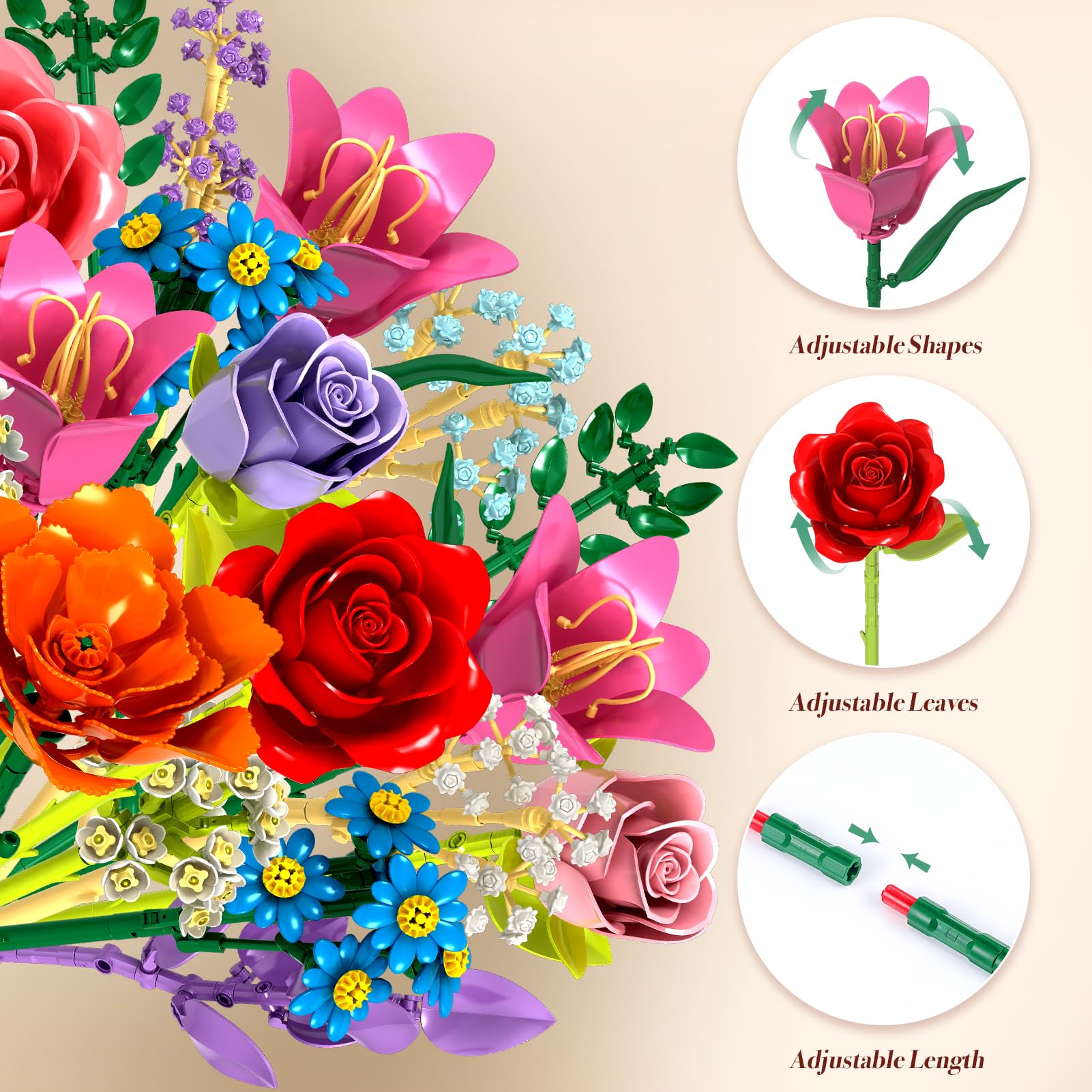Flowers Bouquet Building Blocks Set - 19 Colorful Flower Building Set Rose, Lily, Peony, 1010 PCS DIY Artificial Botanical Collection for Adults Women