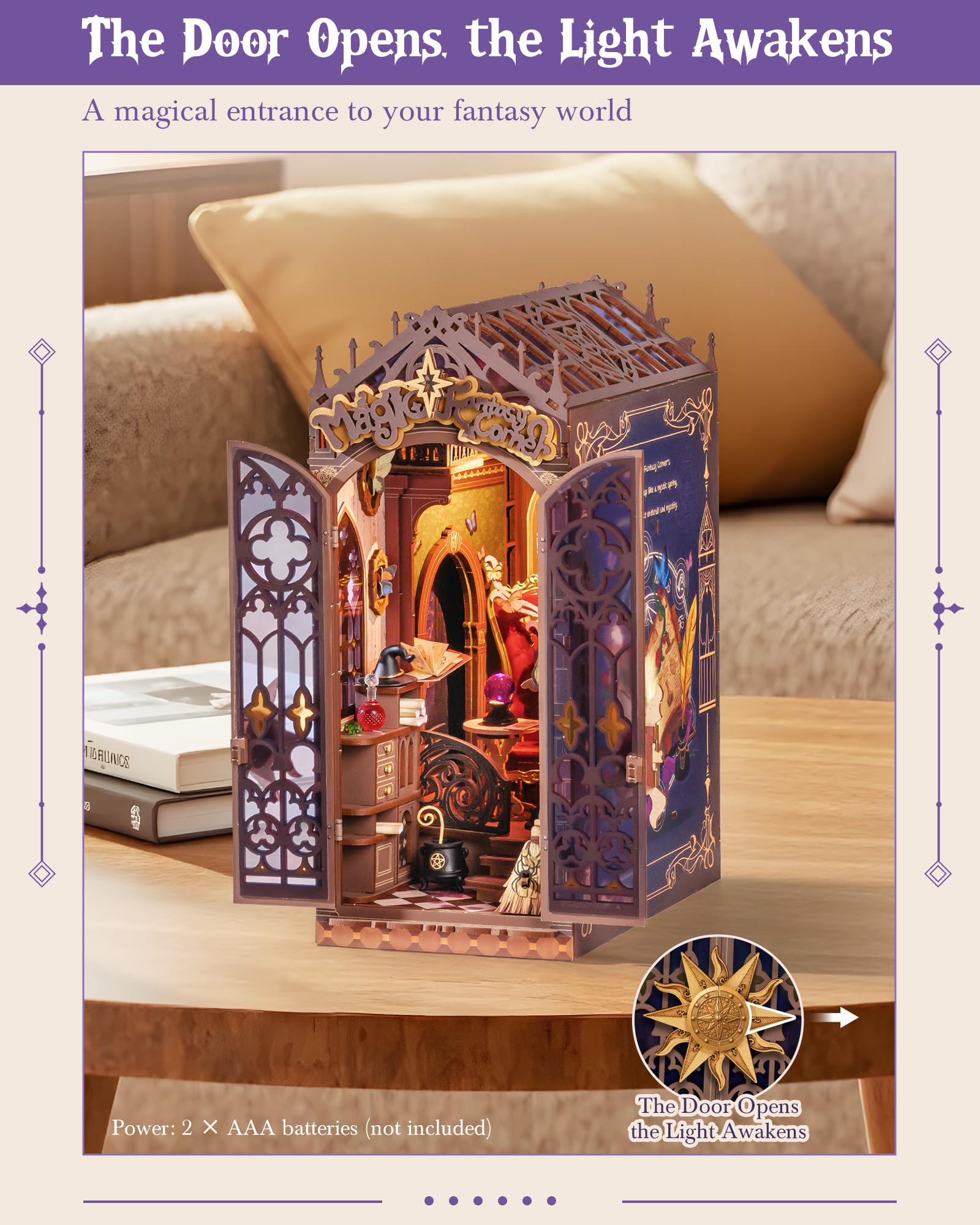 ROBOTIME Book Nook Kit, DIY Miniature House Kit, 3D Wooden Puzzle Bookends, Witch Study Room Bookshelf Decor, Creative Unique Gifts for Adults (Magic
