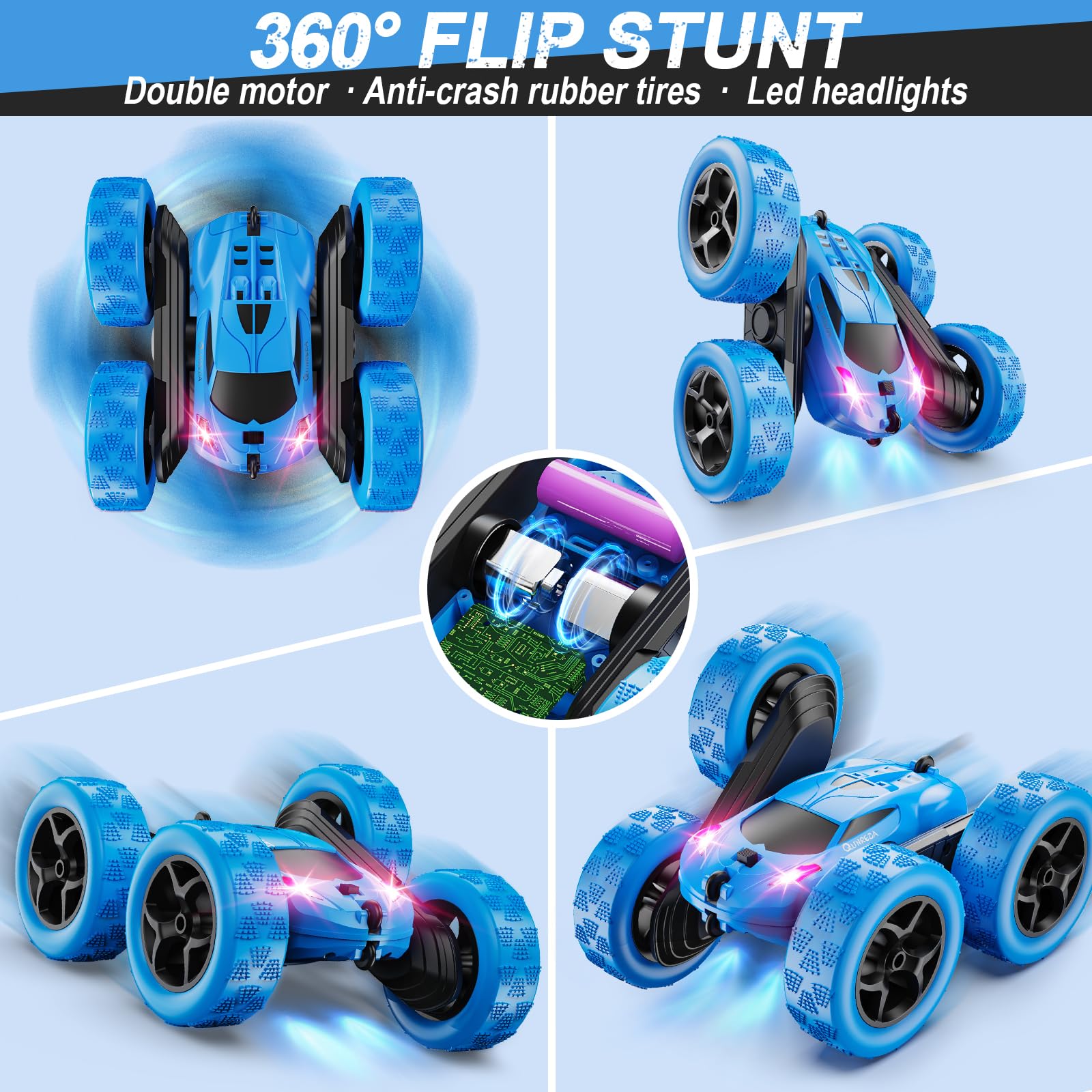 QUNREDA Remote Control Car, RC Cars Toys for Kids Ages 6-12, 4WD Stunt Car with LED Lights & 360° Flips, 2.4GHz, Upgraded USB-C Modular Batteries