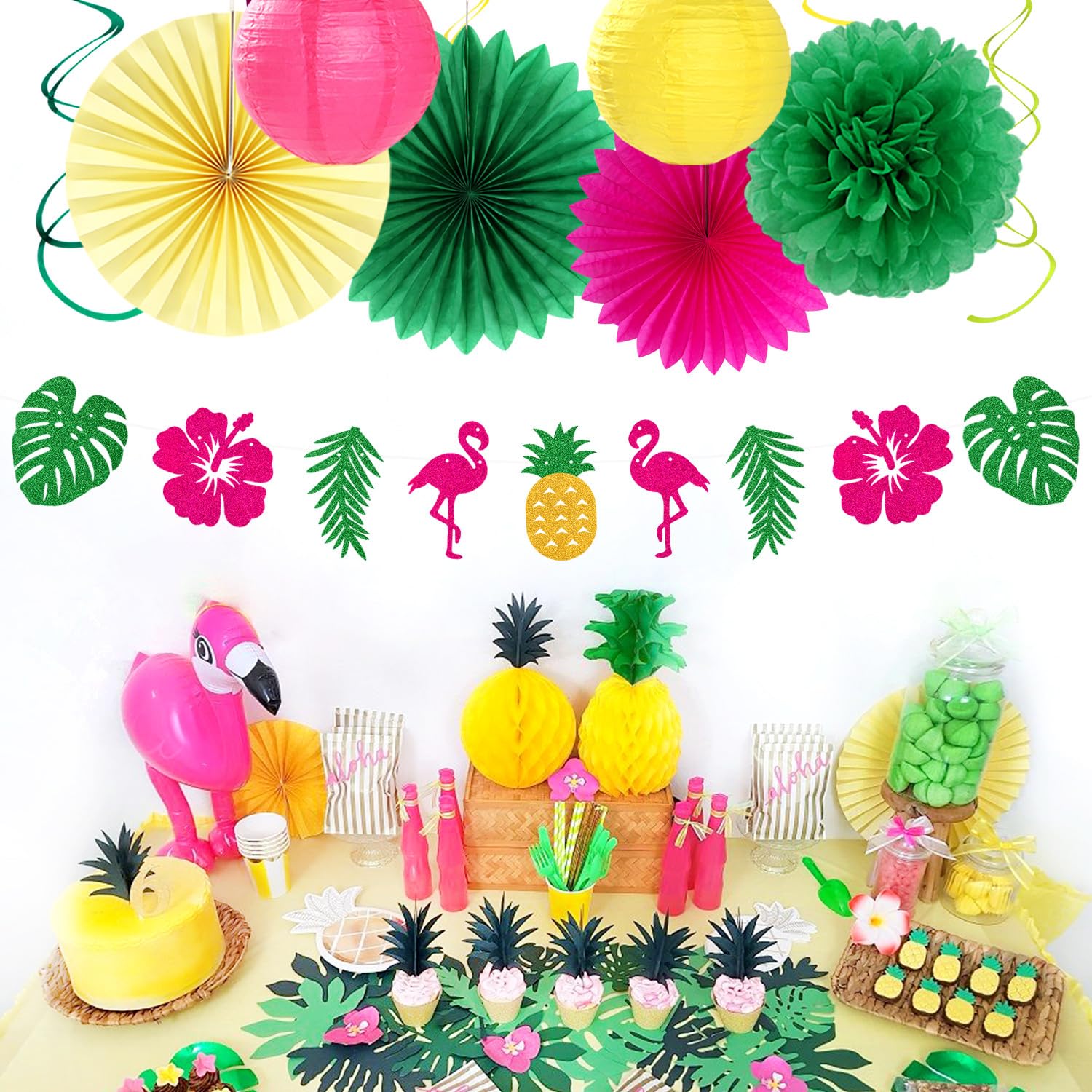 Hawaiian Aloha-Luau Flamingo Party-Decorations Supplies - 21pcs Hello Banner,Pool Paper Lanterns Honeycomb,Beach Theme Streamers Garland,Tissue Pom