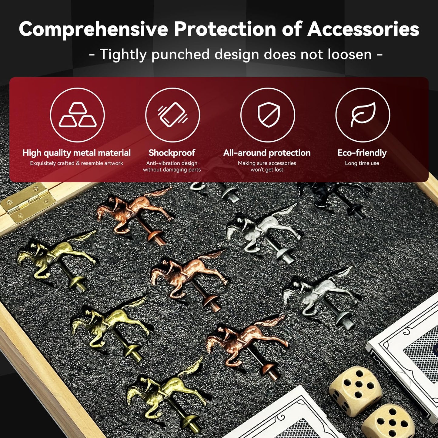 Large 23 inches Horse Racing Board Game with 11 Luxury Metal Horses, Foldable Wood Horse Race Board Game with 2 Sets of Dice, 2 Boxes of Cards