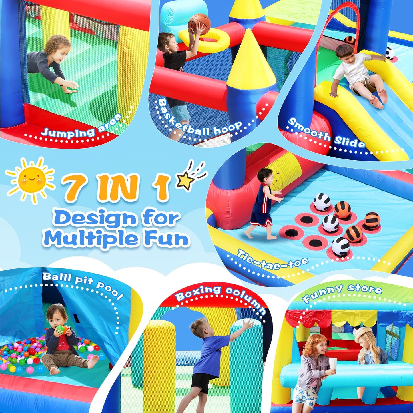 Bestsun Inflatable Bounce House for Kids, Bouncy Castle with Slide, Jumping, Basketball Hoop, Ball Pit, Family Backyard Bouncer, 520W 0.7HP Blower