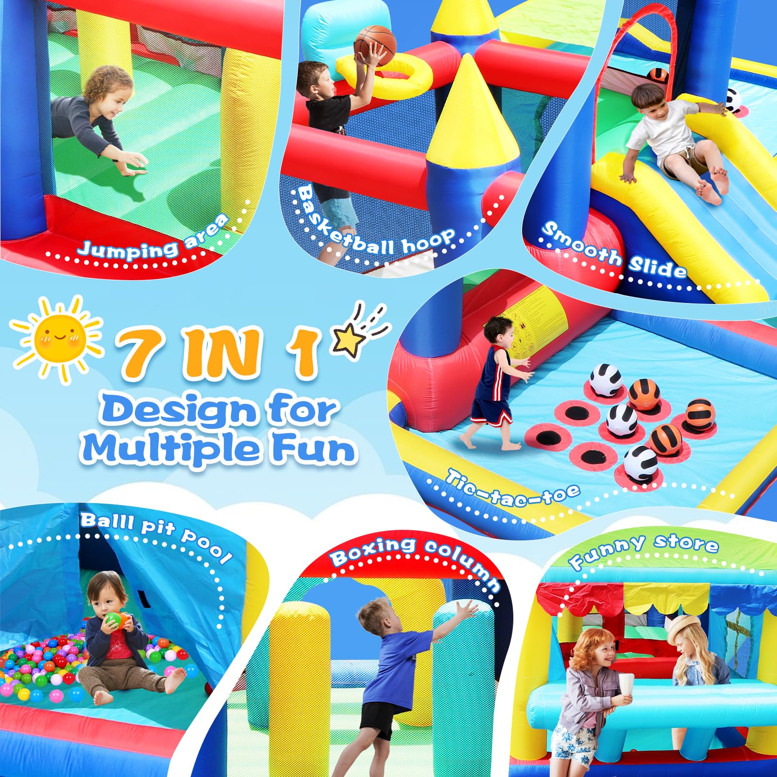 Bestsun Inflatable Bounce House for Kids, Bouncy Castle with Slide, Jumping, Basketball Hoop, Ball Pit, Family Backyard Bouncer, 520W 0.7HP Blower