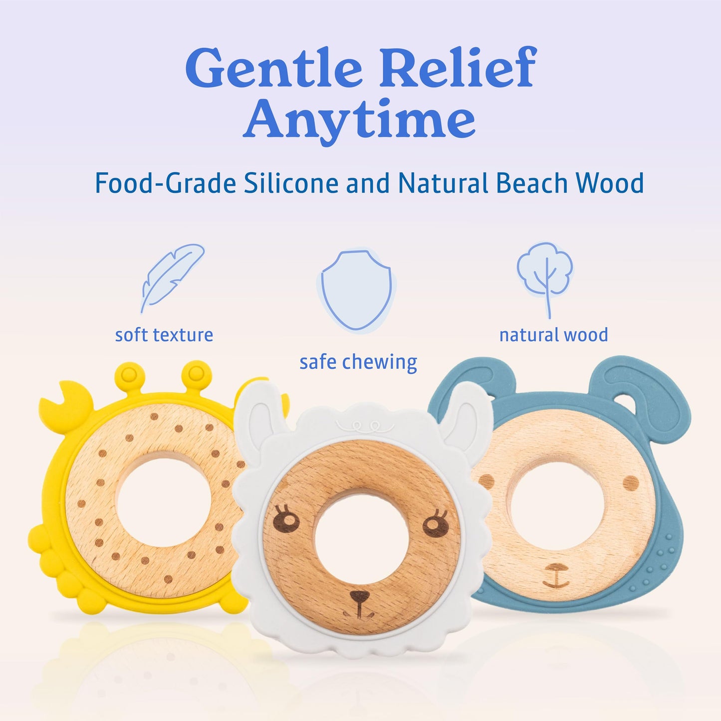 3-Pack Baby Teething Toys for 0-12 Months | Food-Grade Silicone & Natural Beech Wood Teether Set | Easy-to-Hold Animal Shapes for Soothing Chewing |