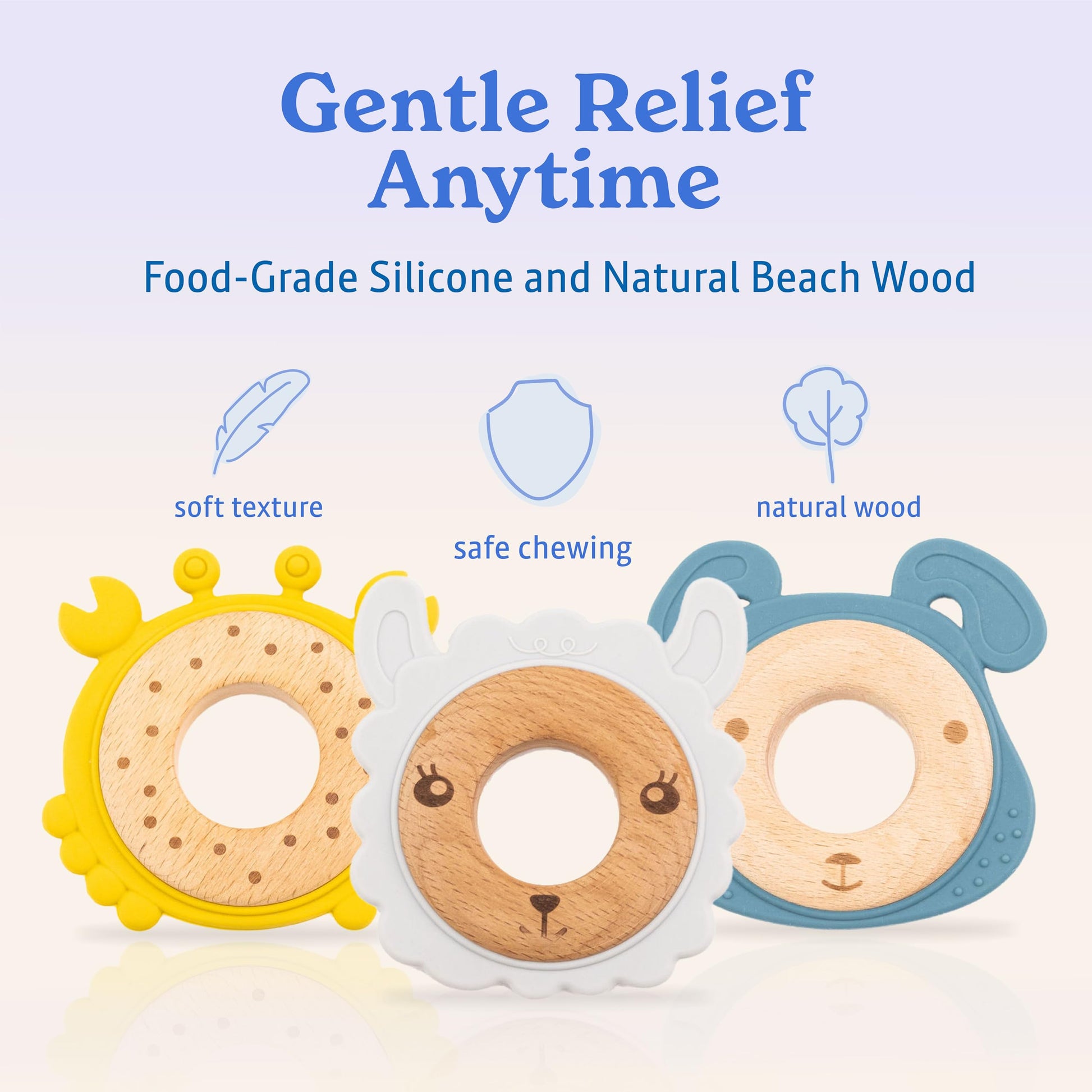 3-Pack Baby Teething Toys for 0-12 Months | Food-Grade Silicone & Natural Beech Wood Teether Set | Easy-to-Hold Animal Shapes for Soothing Chewing |