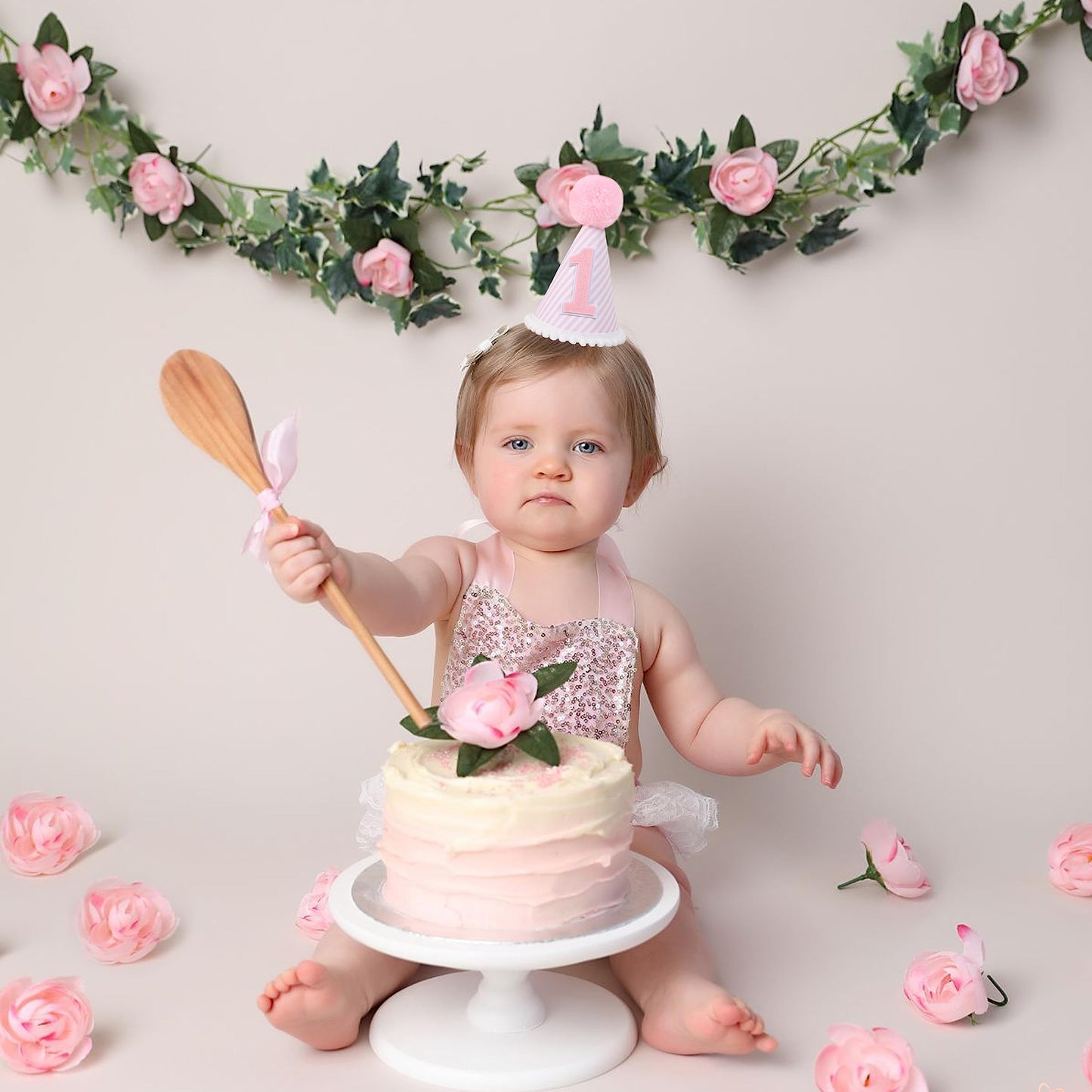 Pink & White First Birthday Party Hat - Girl's 1st Birthday Crown with Photo Props for Decorations and Dressing