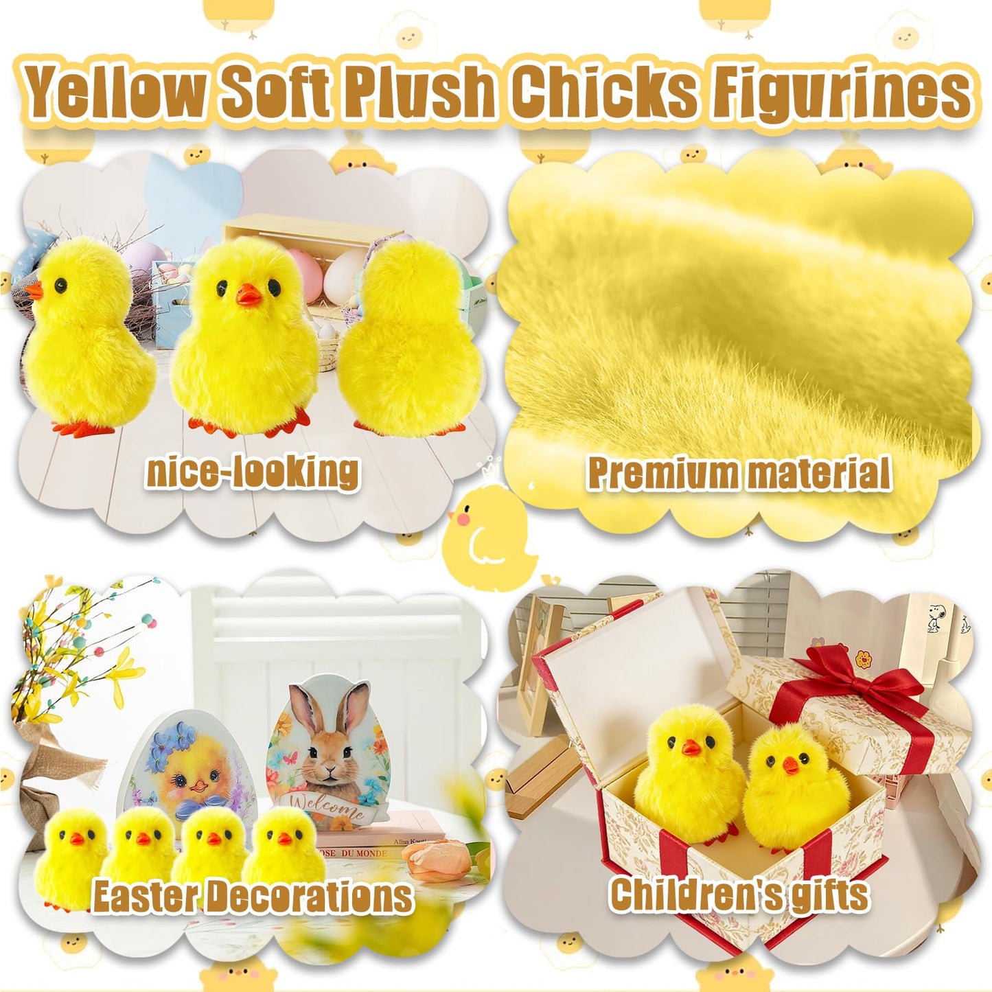 Baaxxango 12 Pcs Easter Fluffy Chicks,3.4 Inch Yellow Soft Plush Chicks Figurines,Mini Furry Chicks for Home Easter Basket Stuffers Party Favors