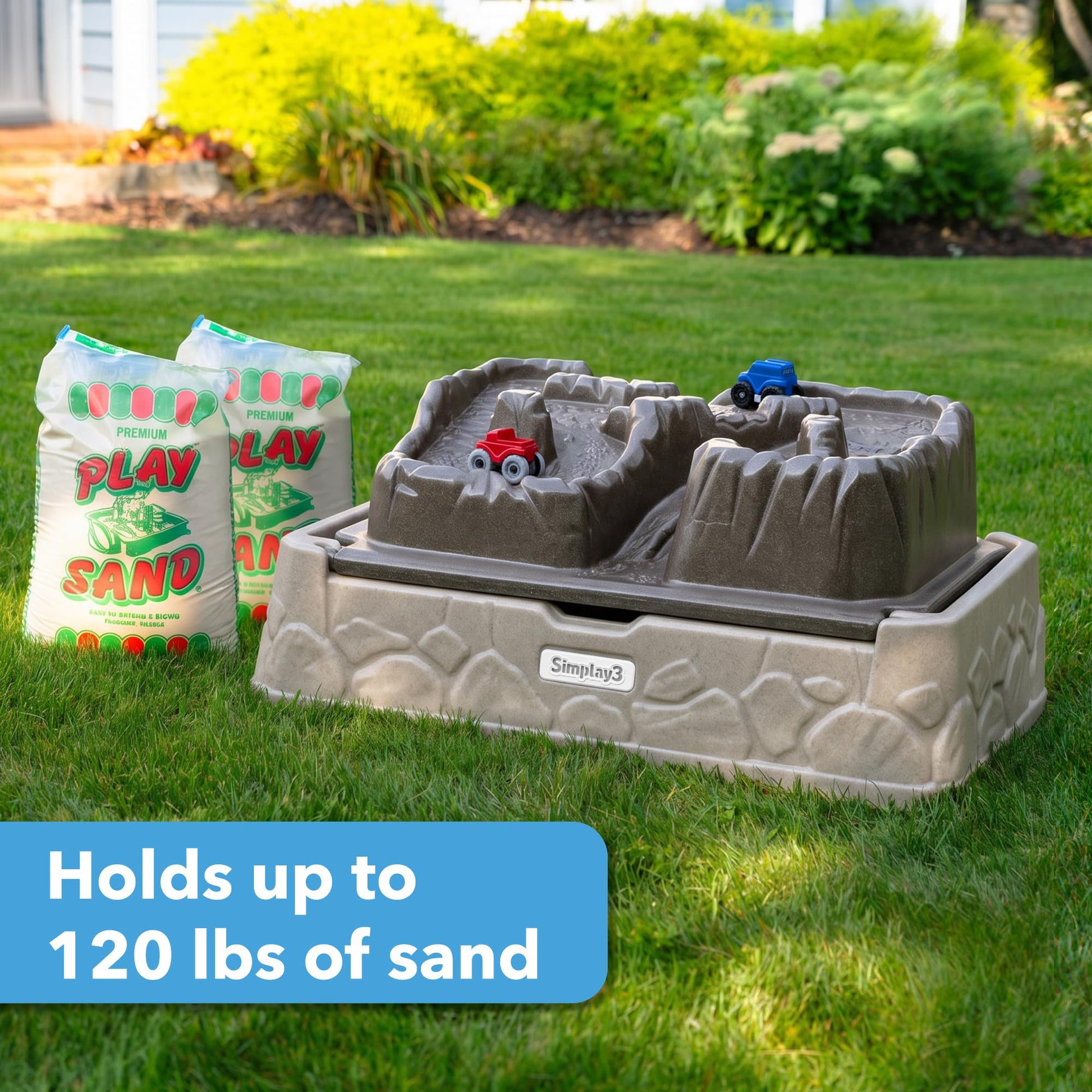 Simplay3 Mountain Road Adventure Sandbox for Kids Ages 1.5+, Includes 2 Monster Trucks and Hinged Cover, Double-Sided Sensory Play Table for Sand