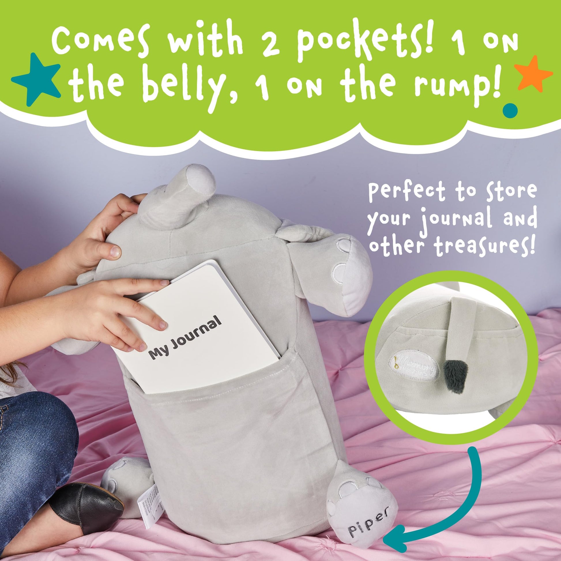 MEMORY MATES Piper the Elephant Memory Foam Pillow Plush with Kid's Diary that Stores in Belly Pocket, 15” Stuffed Animal, 6" Journal