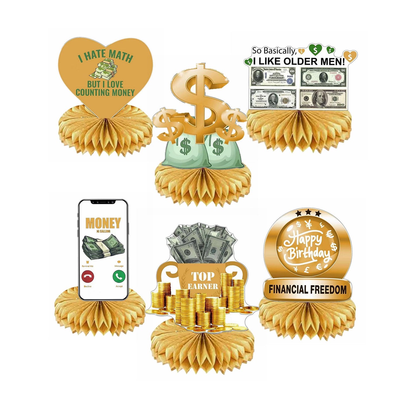 Hilarious 6Pcs Money Themed Birthday Party Honeycomb Centerpieces Bill Dollar Party Table Decorations Table Topper for Birthdays Casino Weddings