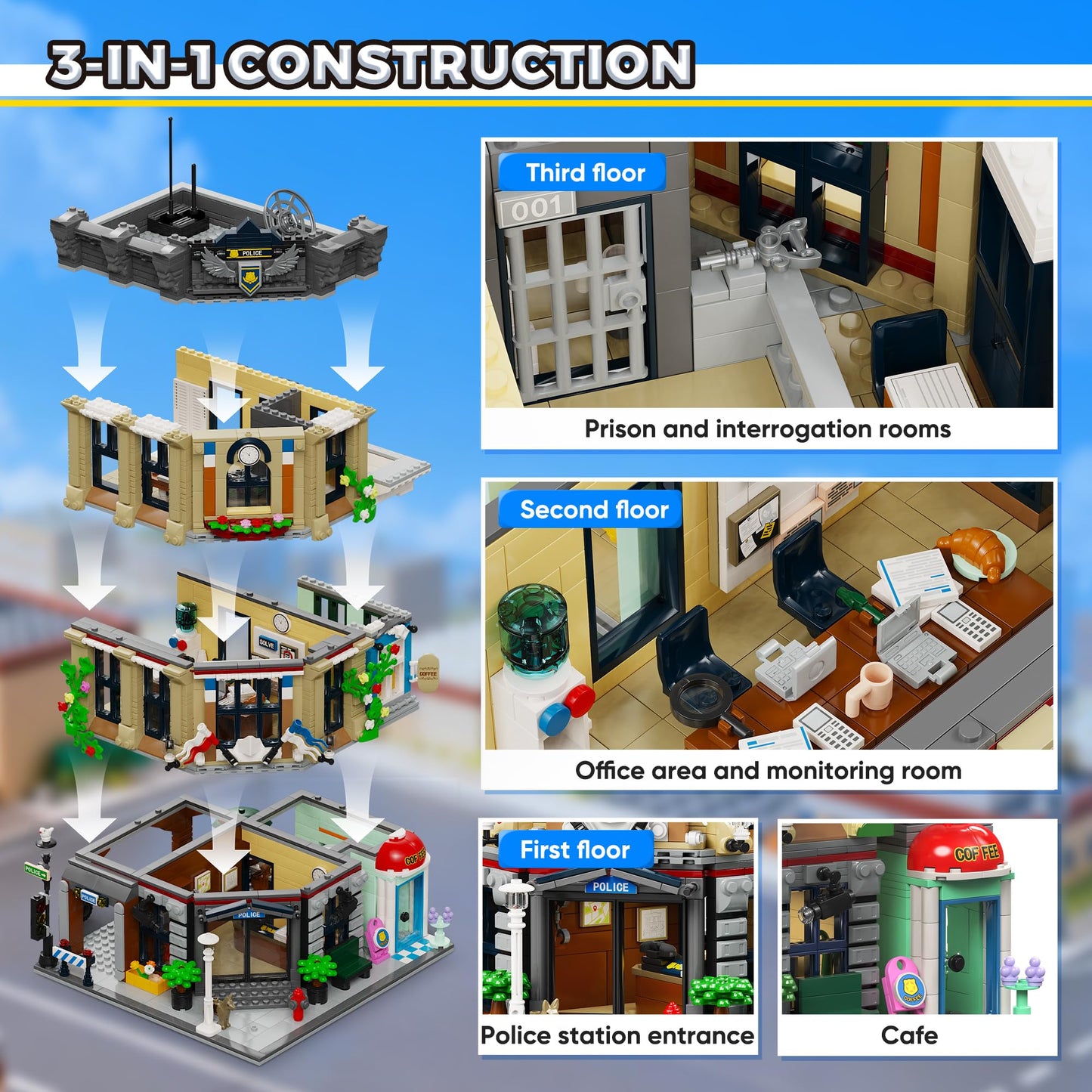 AsmrCap City Police Station Building Set for Boys, Police Station Toy with Police Car, Four-Floor Police Station with Office, Interrogation Room