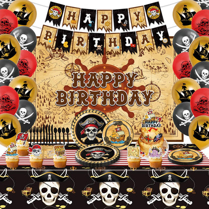 Heidaman 120Pcs Pirate Party Decorations?Pirate Birthday Decorations,Pirate Themed Party Decorations,Set Include?Balloons,Backdrop,Banner, Cake