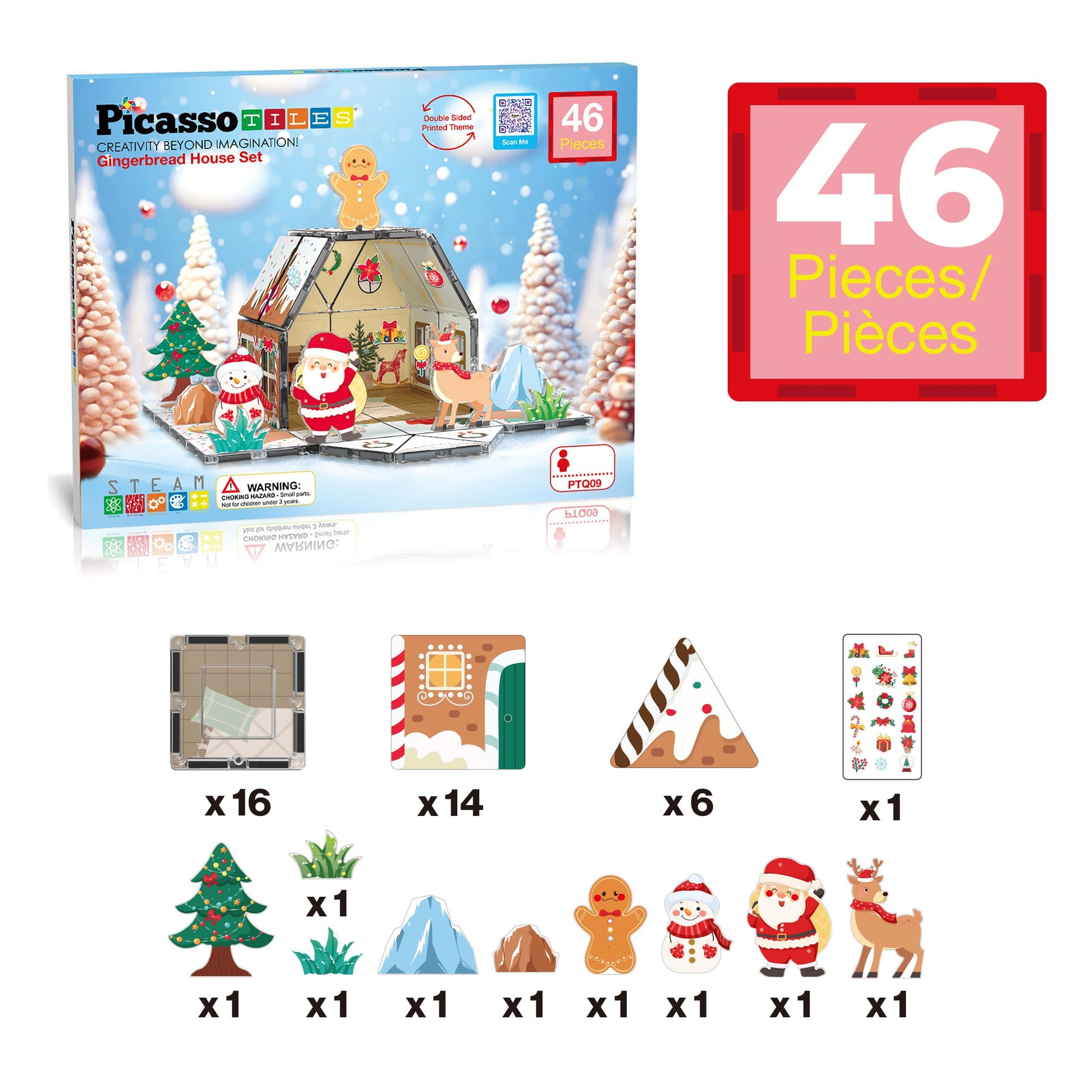PicassoTiles Magnetic Tiles Gingerbread House Holiday Character Action Figures Santa, Snowman, Deer Winter Theme Construction Kit Magnet Building